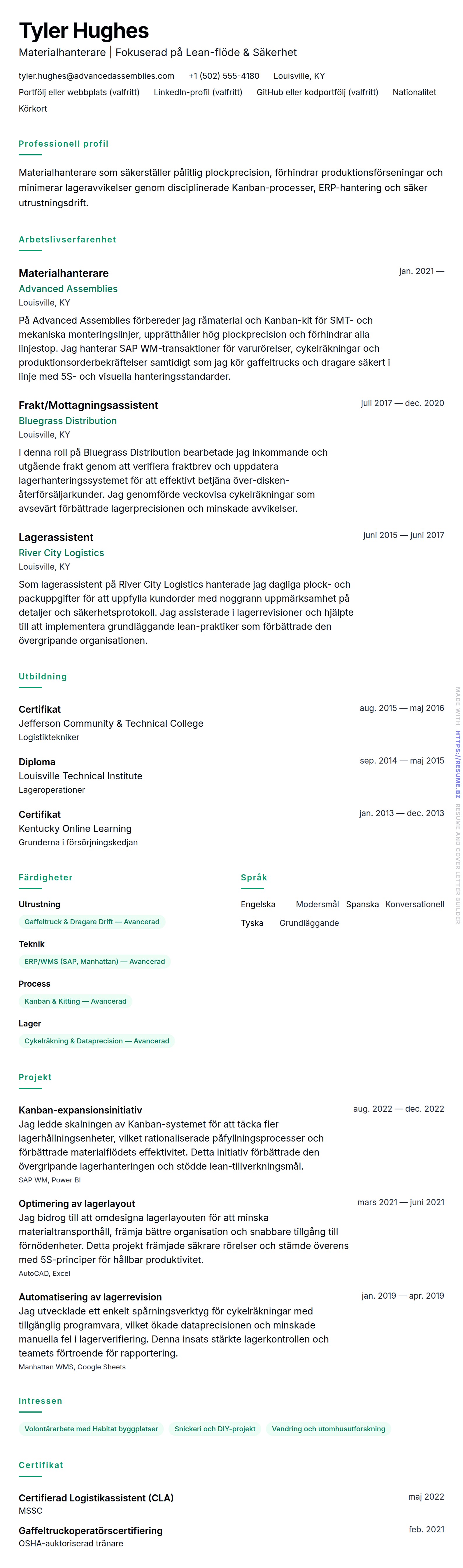 Exempel på CV för Materialhanterare