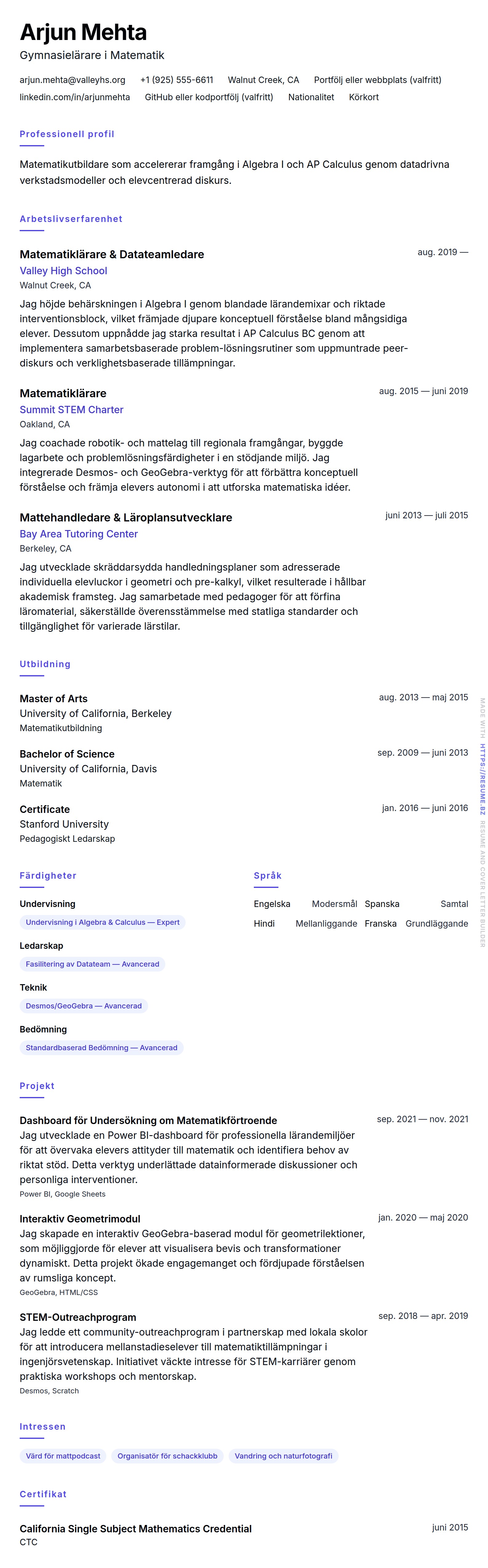 CV-förhandsgranskning för Exempel på CV för Matematiklärare