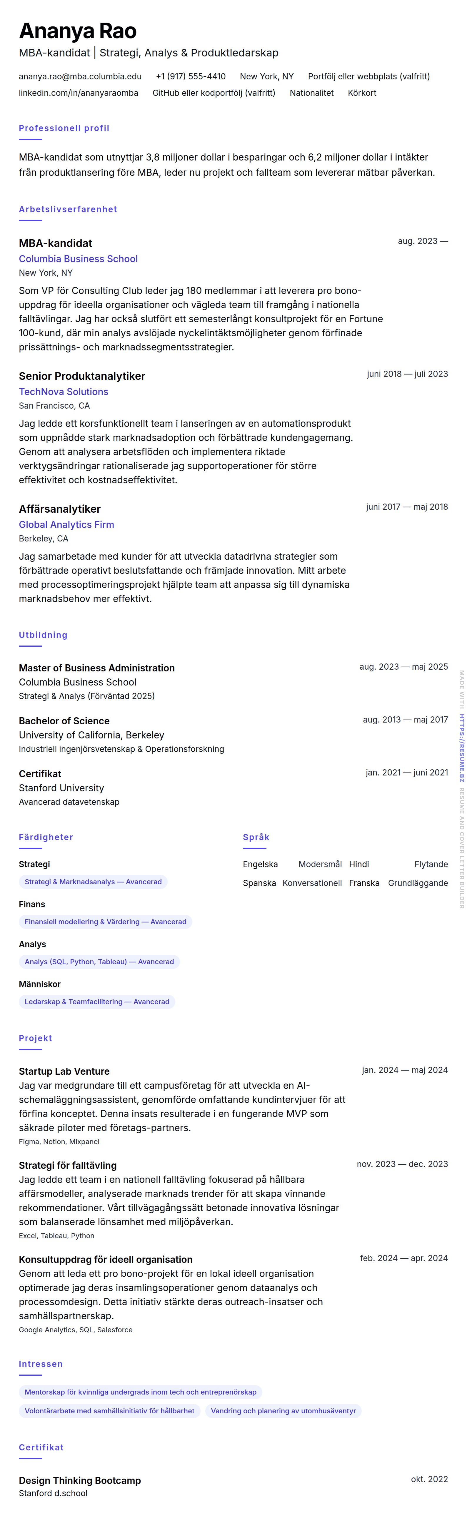 CV-förhandsgranskning för Exempel på CV för MBA-kandidat