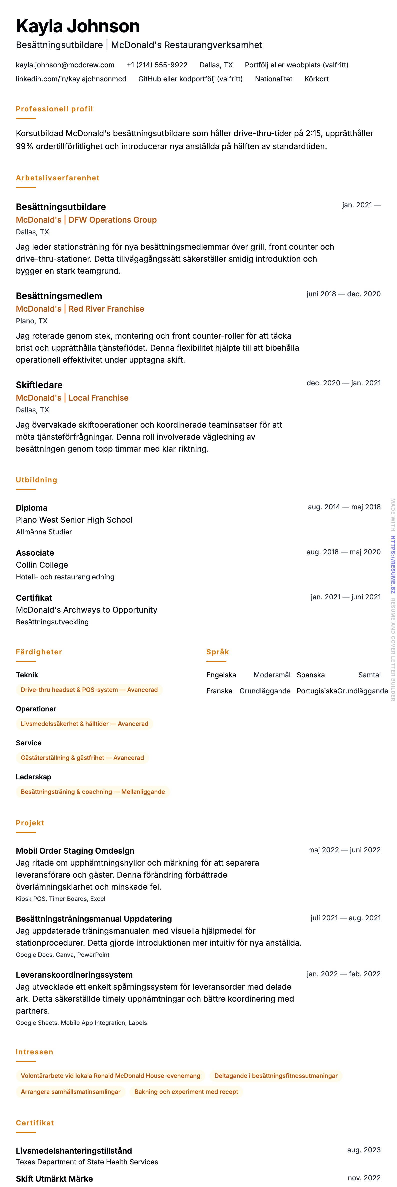 CV-förhandsgranskning för McDonald's Besättningsmedlem CV-exempel