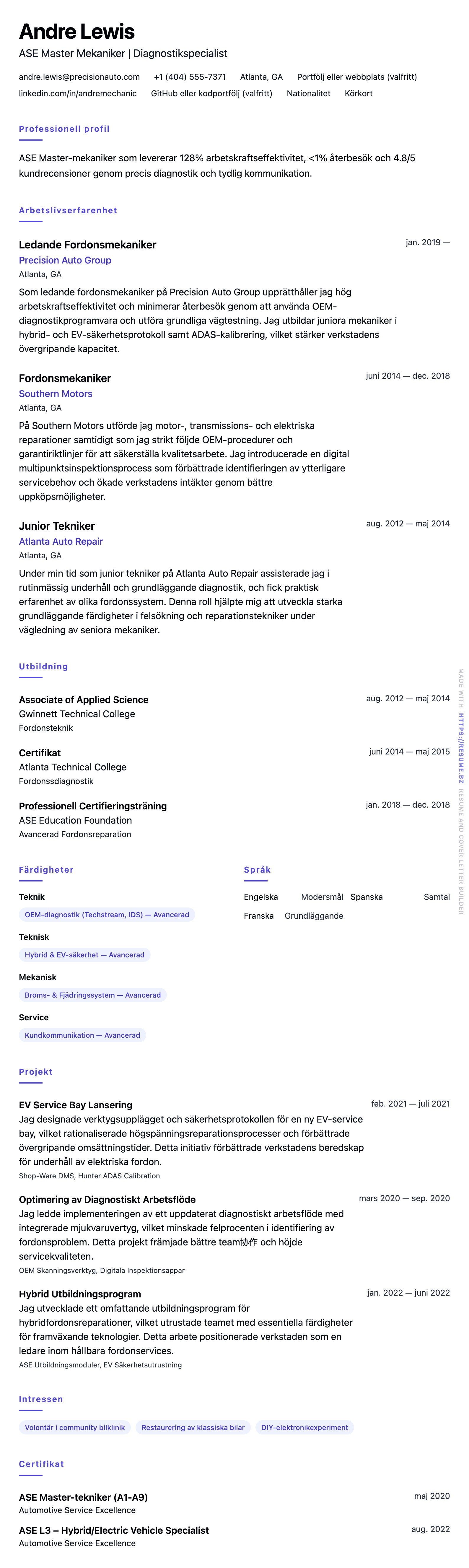 CV-förhandsgranskning för Mekaniker CV-exempel