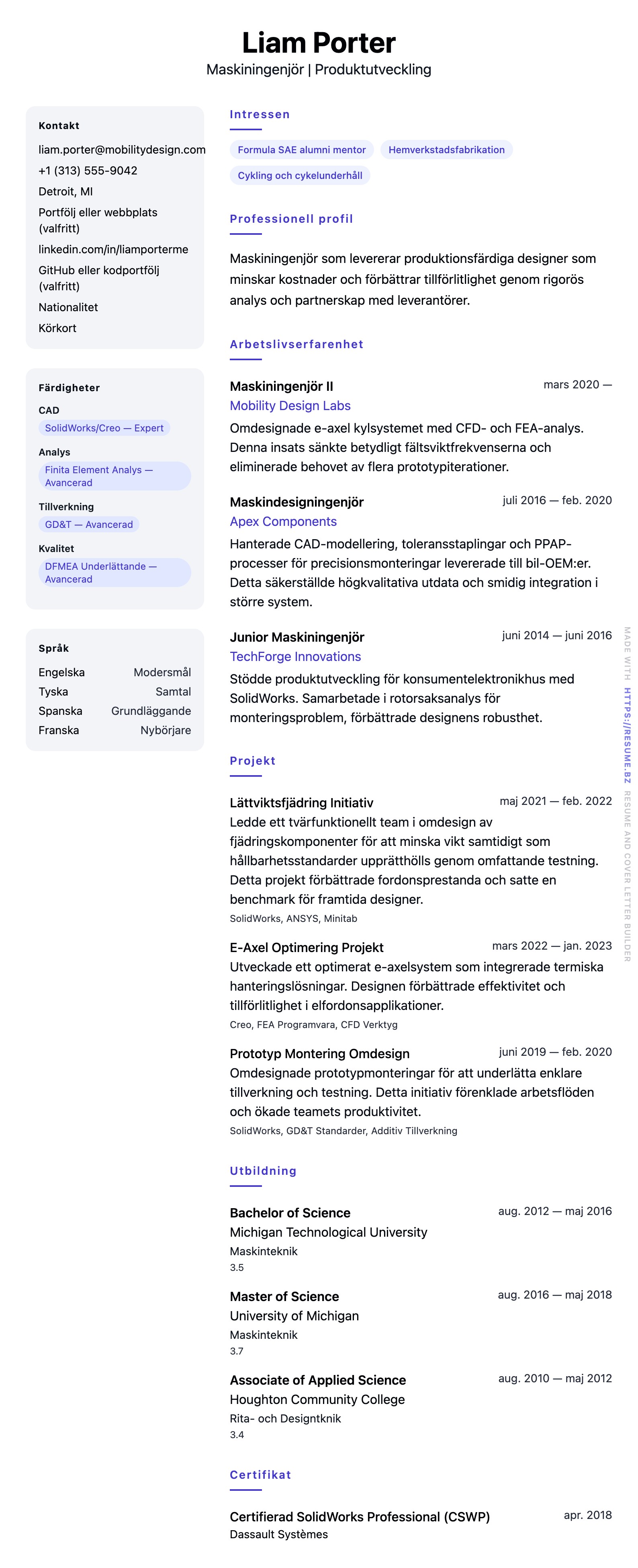 CV-förhandsgranskning för Exempel på CV för Maskiningenjör