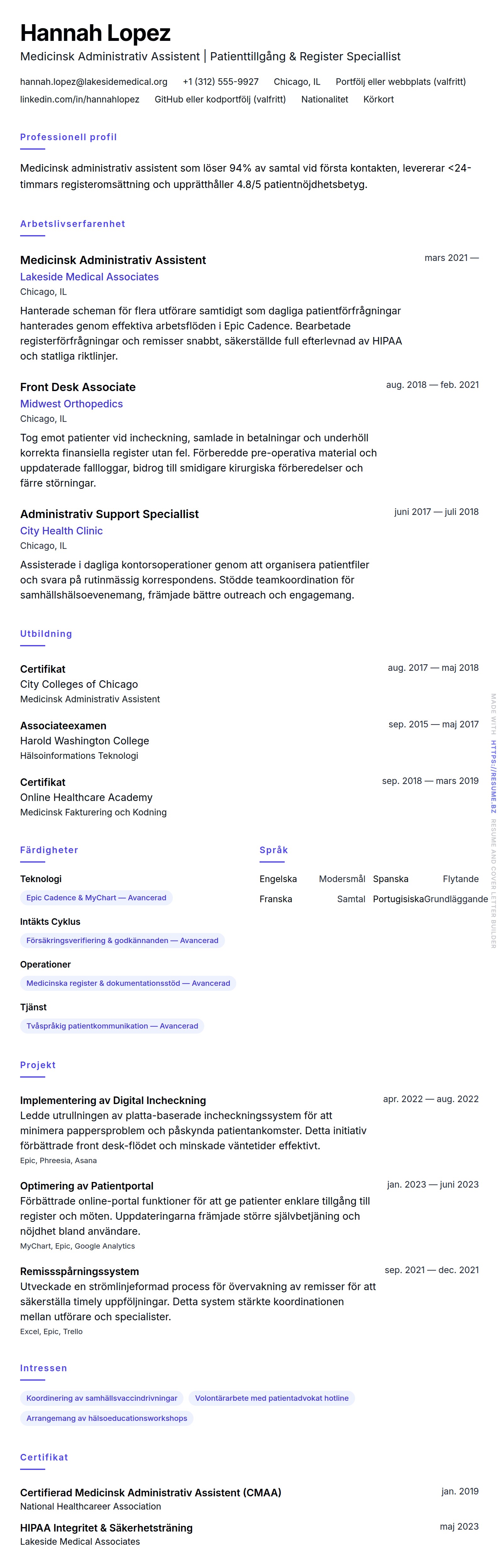 CV-förhandsgranskning för Exempel på CV för Medicinsk Administrativ Assistent