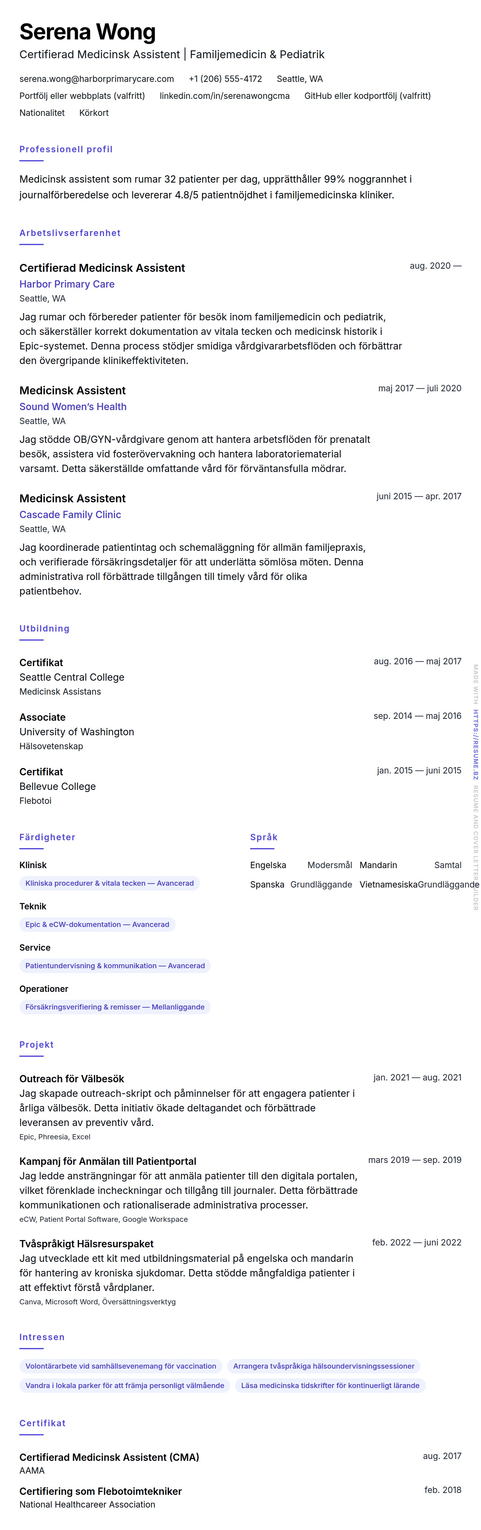 CV-förhandsgranskning för Exempel på CV för Medicinsk Assistent