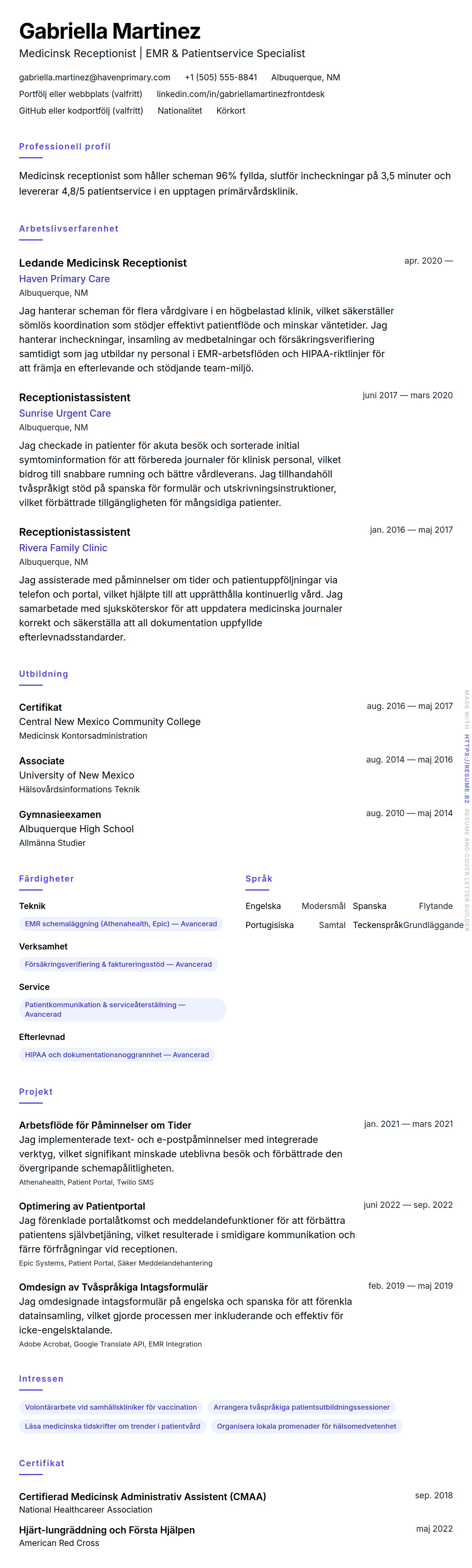 CV-förhandsgranskning för Exempel på CV för Medicinsk Receptionist