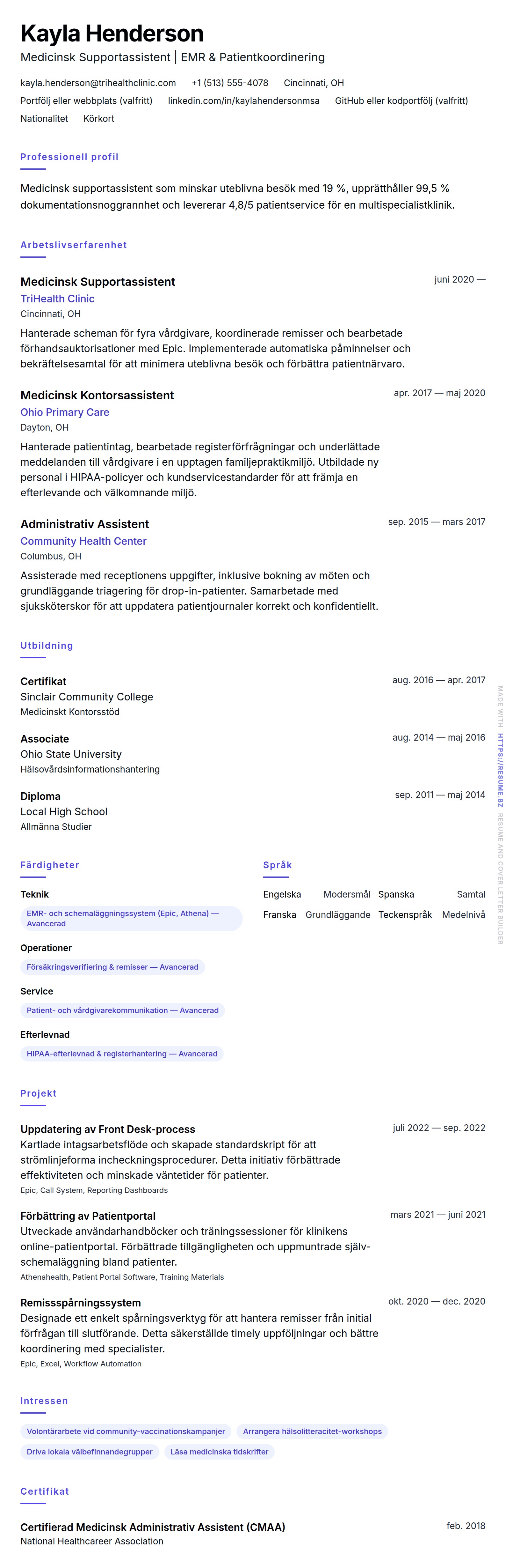 CV-förhandsgranskning för Exempel på CV för Medicinsk Supportassistent