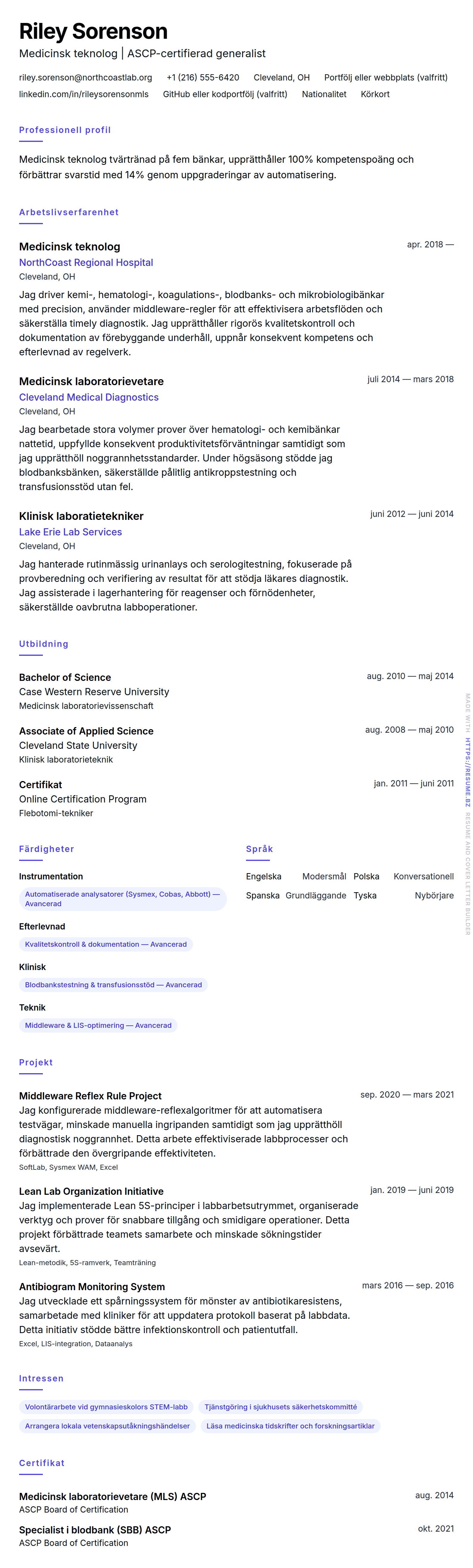CV-förhandsgranskning för Exempel på CV för medicinsk teknolog