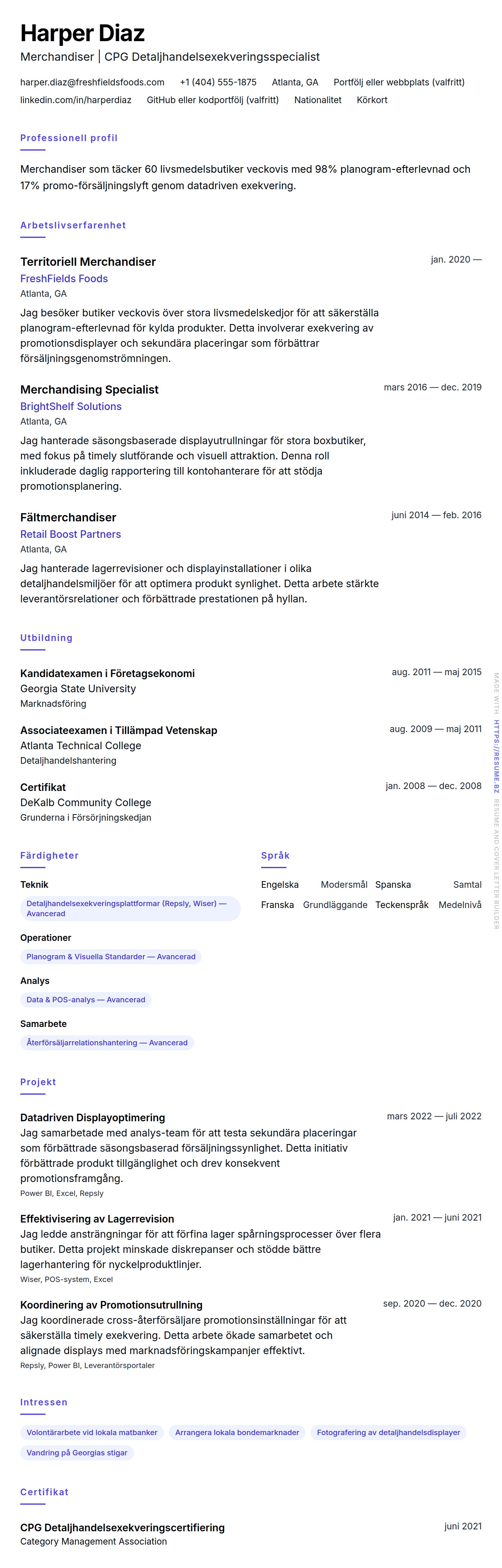 CV-förhandsgranskning för Merchandiser CV-exempel