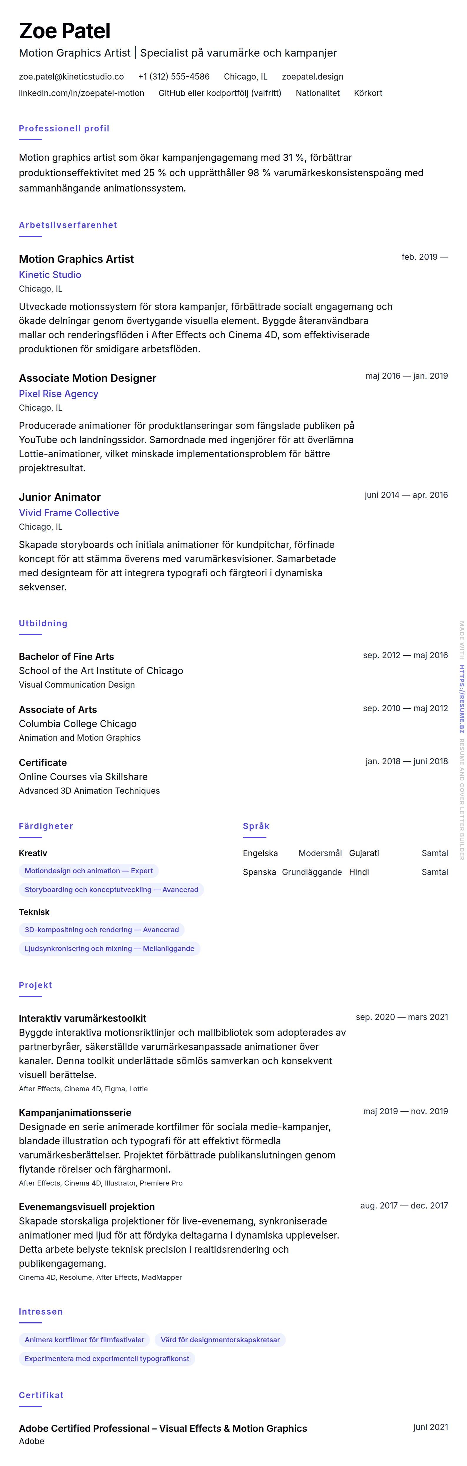 CV-förhandsgranskning för Exempel på CV för Motion Graphics Artist