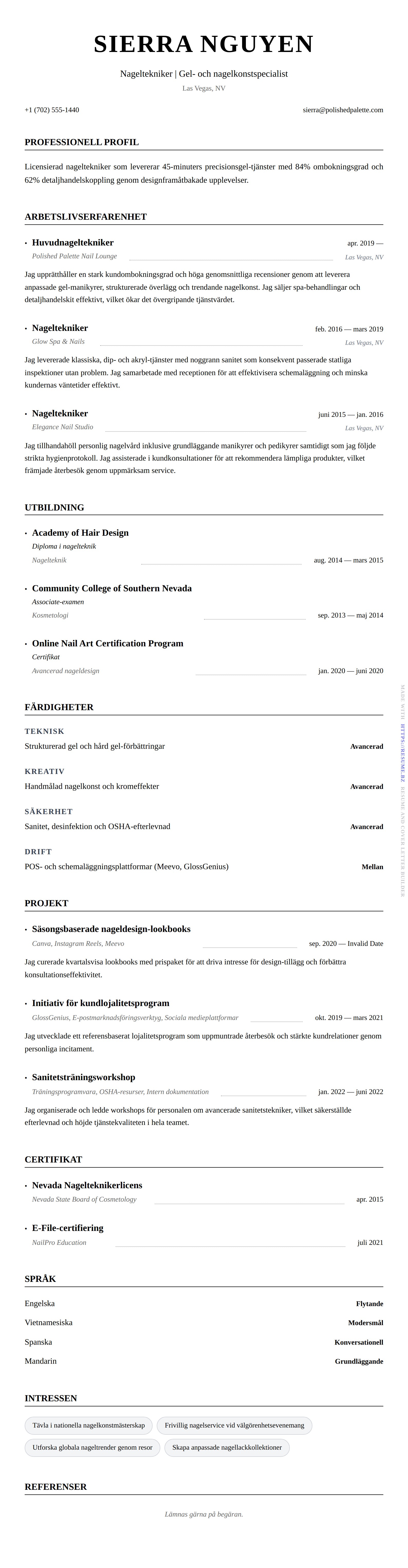 CV-förhandsgranskning för Nageltekniker CV-exempel