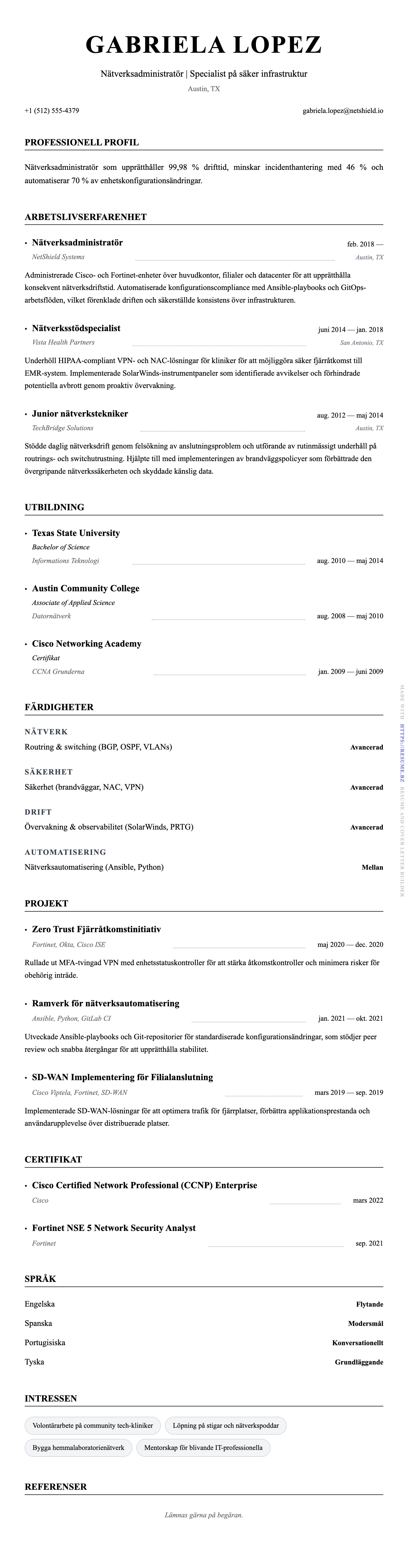 CV-förhandsgranskning för Exempel på CV för Nätverksadministratör