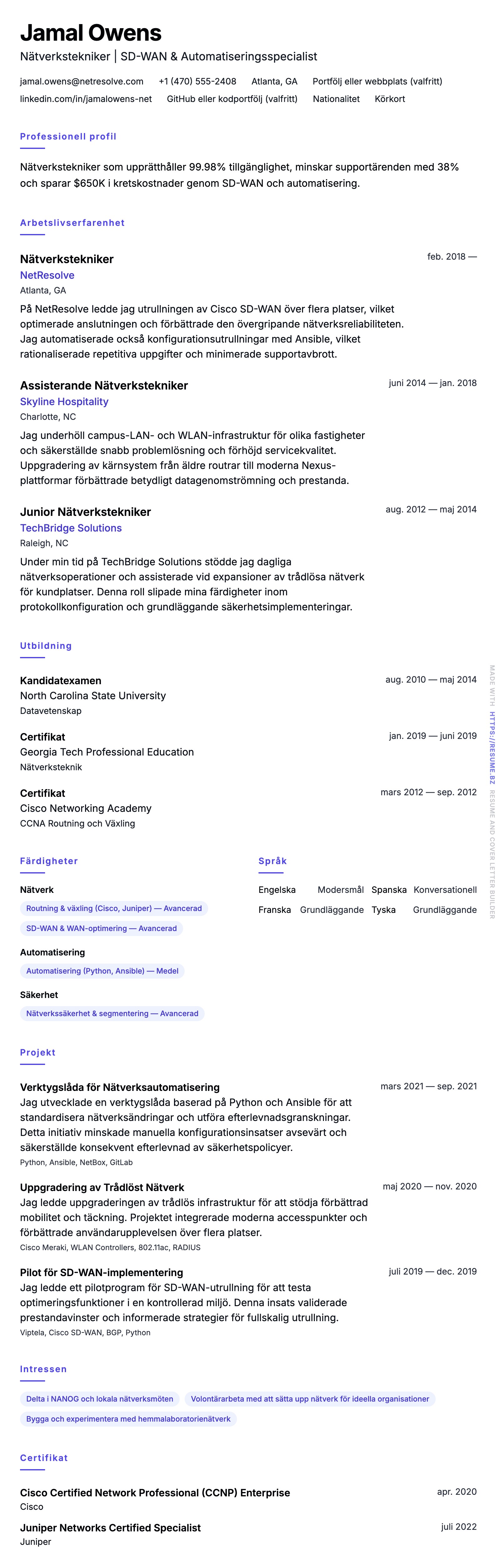 CV-förhandsgranskning för Exempel på CV för Nätverkstekniker