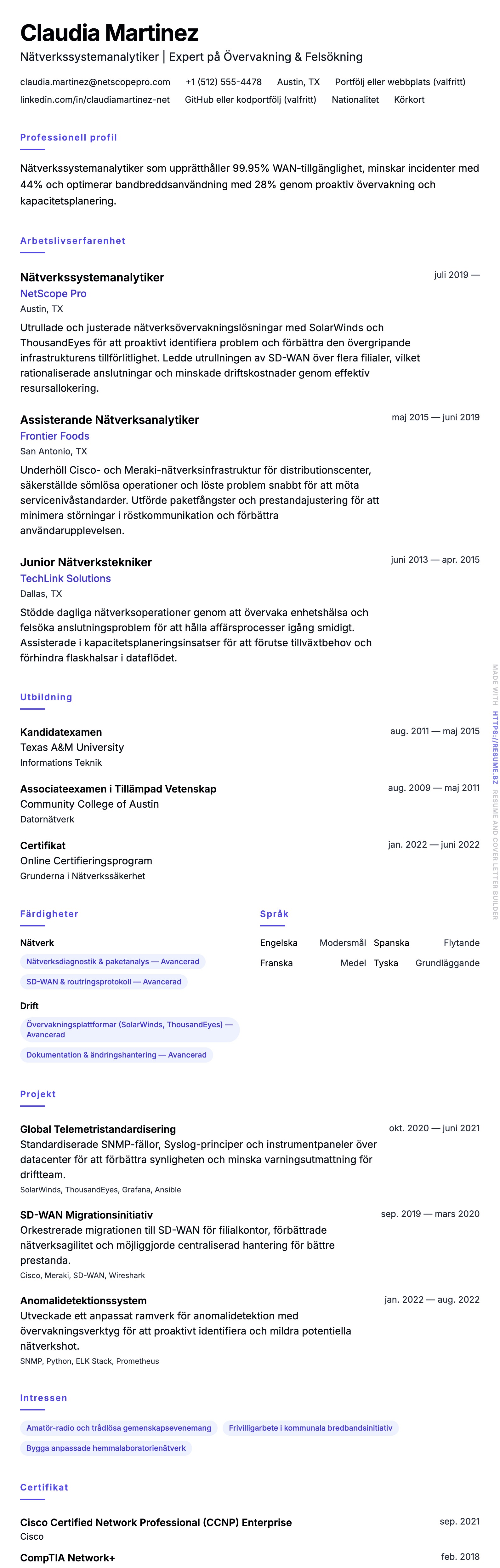 CV-förhandsgranskning för Exempel på CV för Nätverkssystemanalytiker