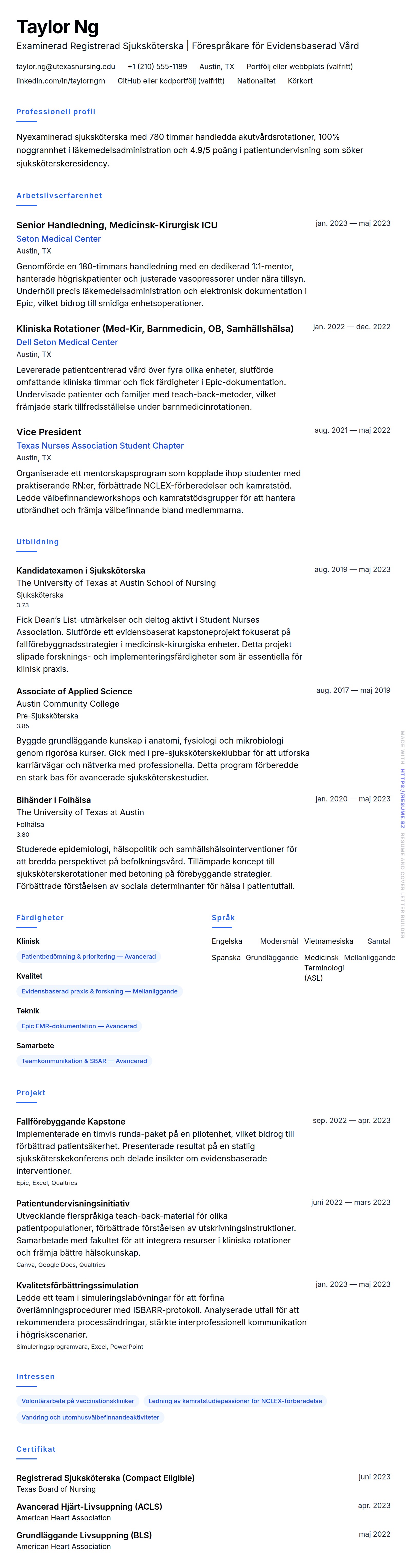 CV-förhandsgranskning för Exempel på CV för Nyexaminerad Sjuksköterska