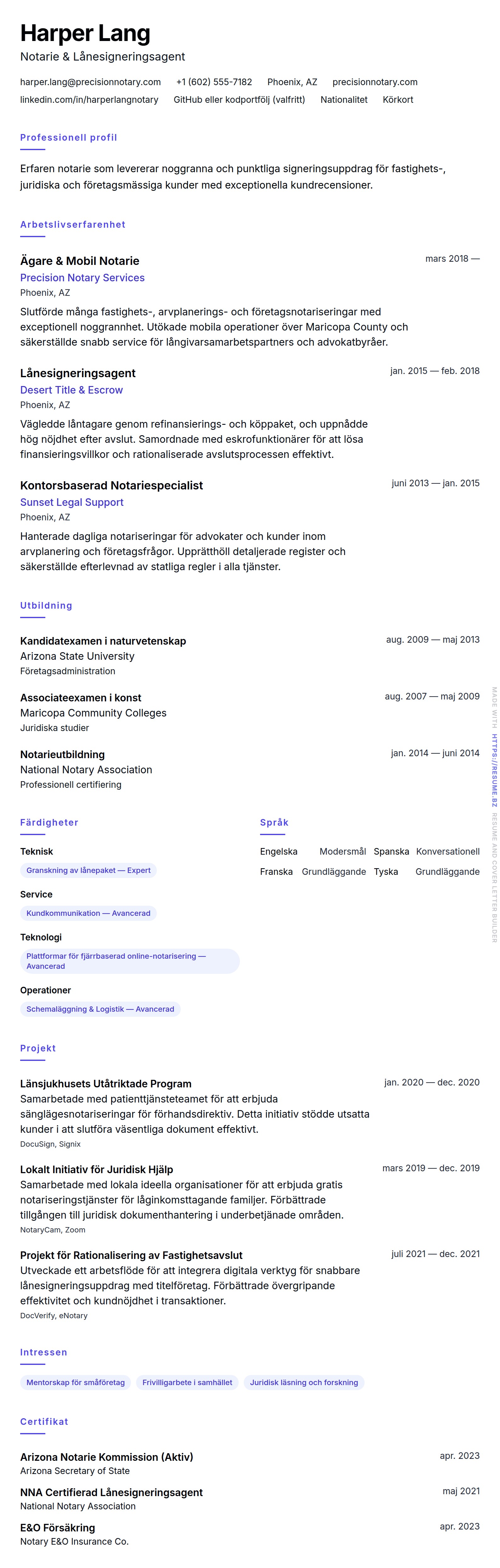 CV-förhandsgranskning för Notarie CV-exempel
