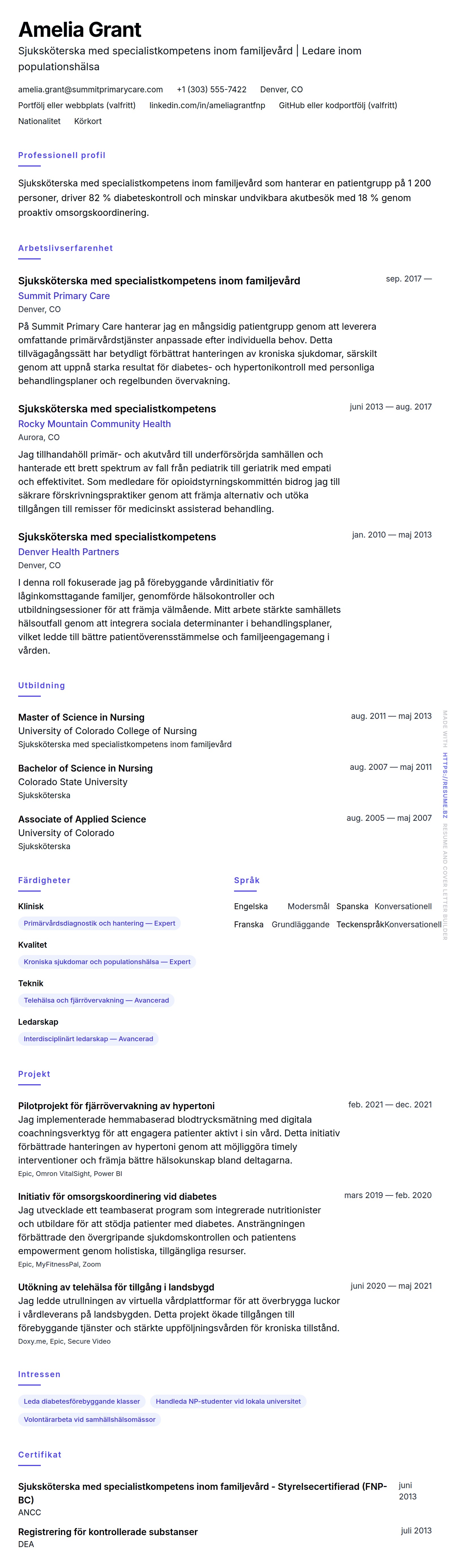 CV-förhandsgranskning för Exempel på CV för sjuksköterska med specialistkompetens