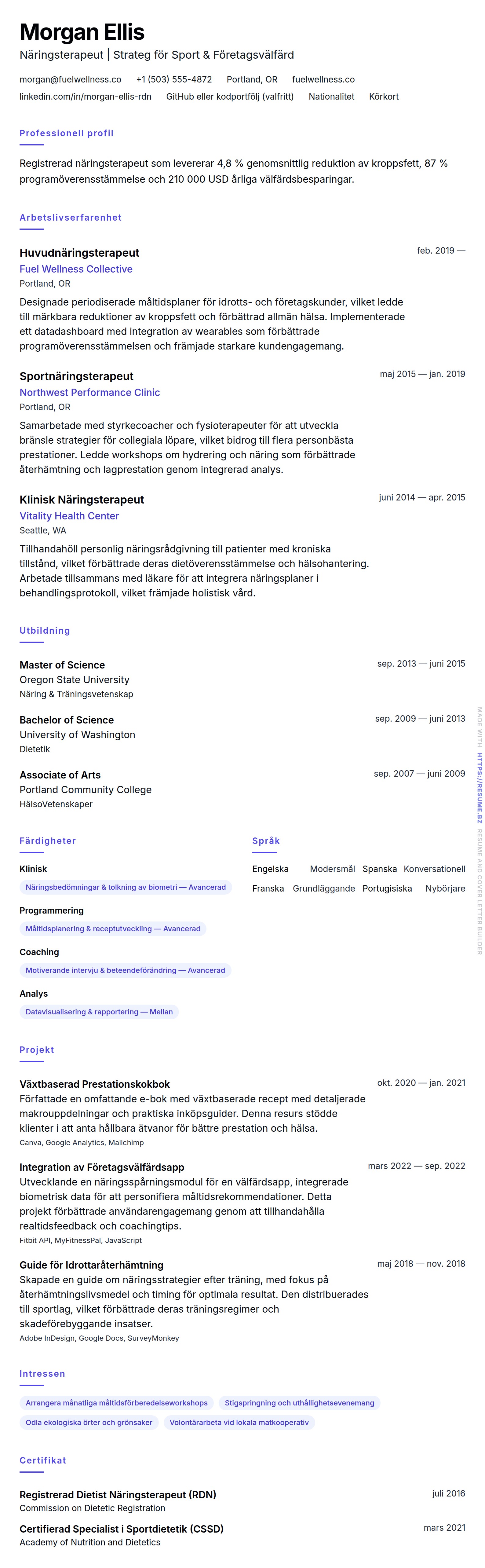 CV-förhandsgranskning för Exempel på CV för Näringsterapeut