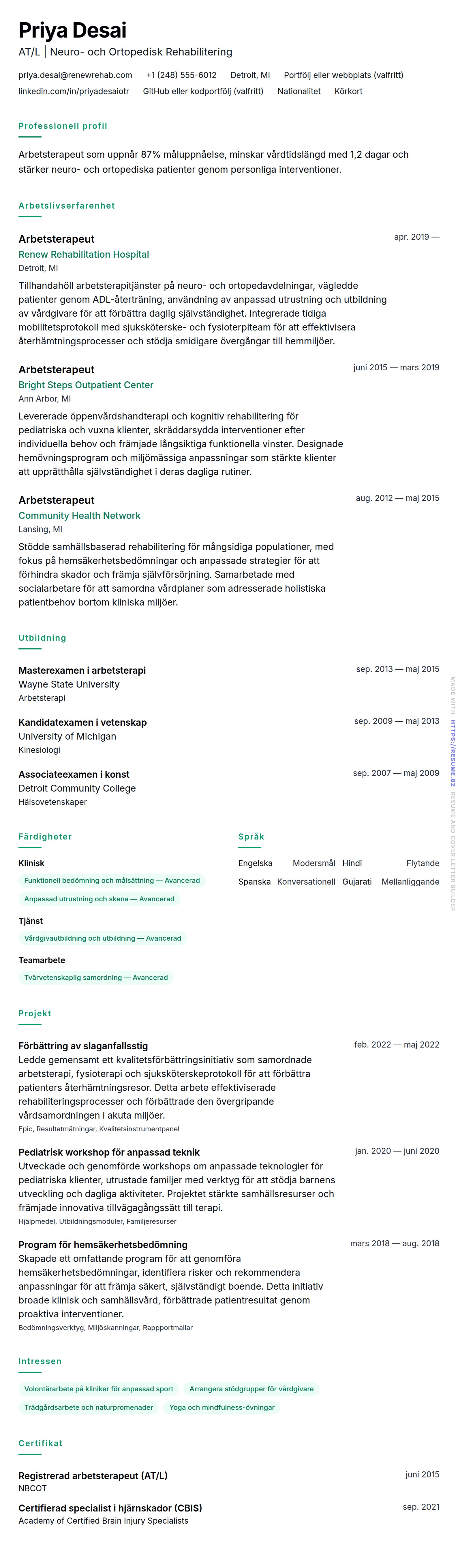 CV-förhandsgranskning för Arbetsterapeut CV-exempel