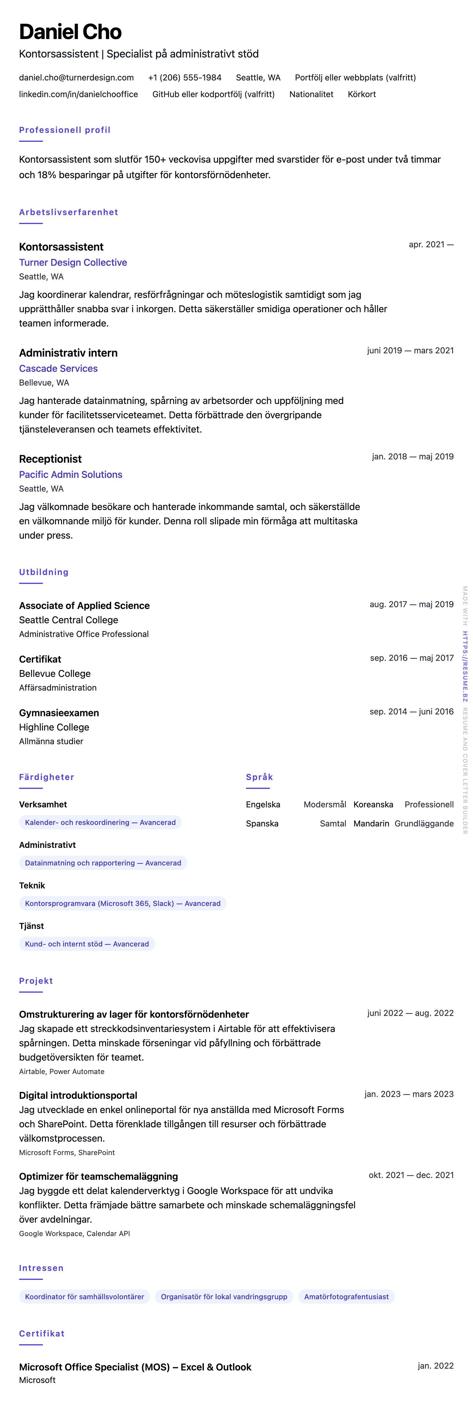 CV-förhandsgranskning för Exempel på CV för kontorsassistent