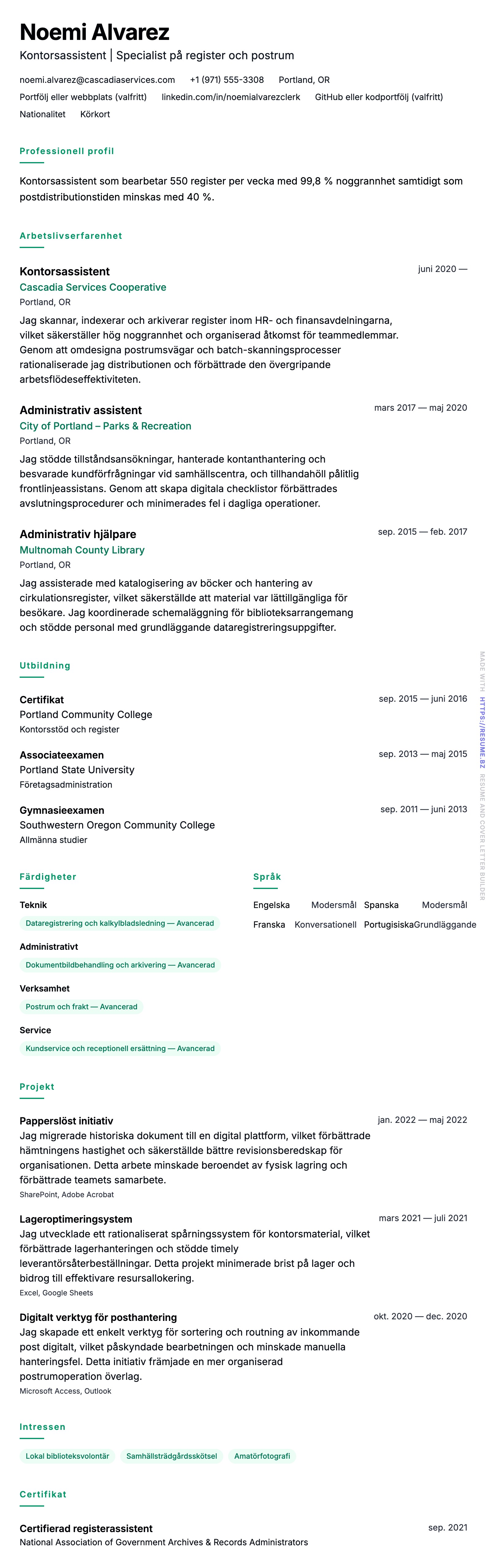CV-förhandsgranskning för Exempel på CV för kontorsassistent