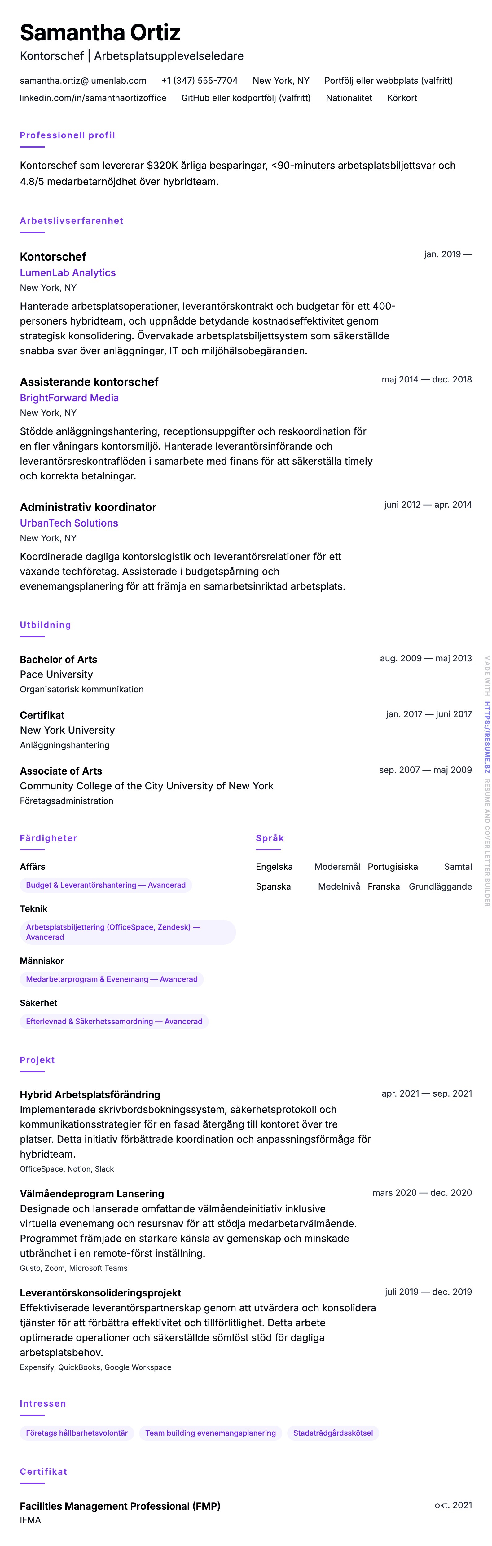 CV-förhandsgranskning för Kontorschef CV-exempel