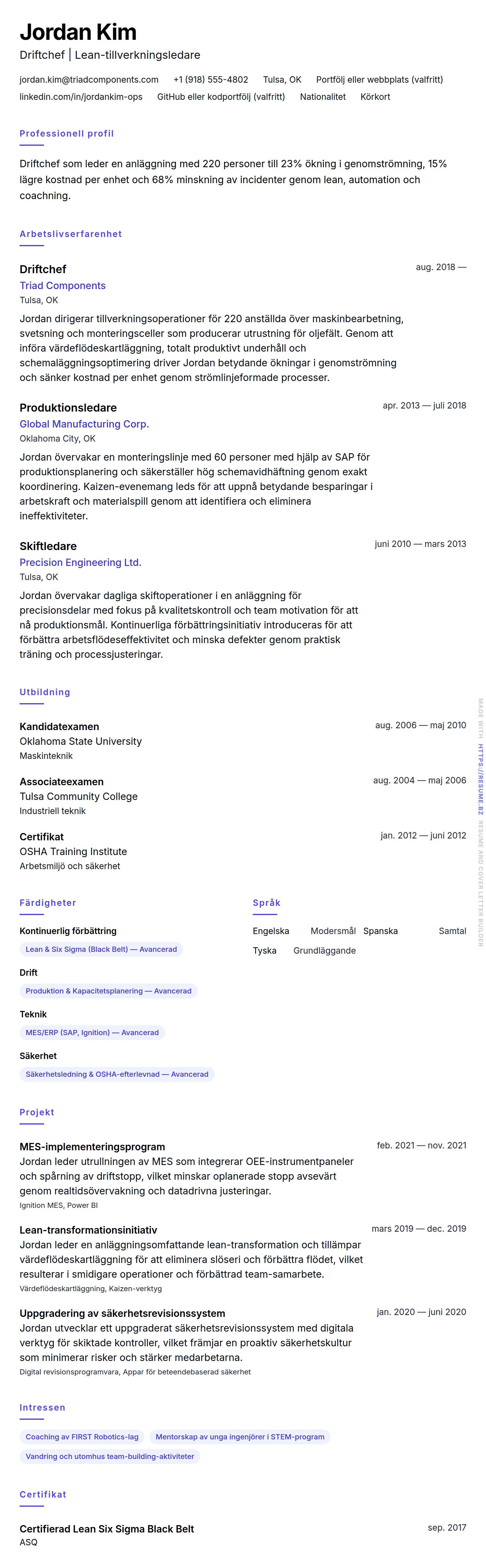 CV-förhandsgranskning för Driftchef CV-exempel