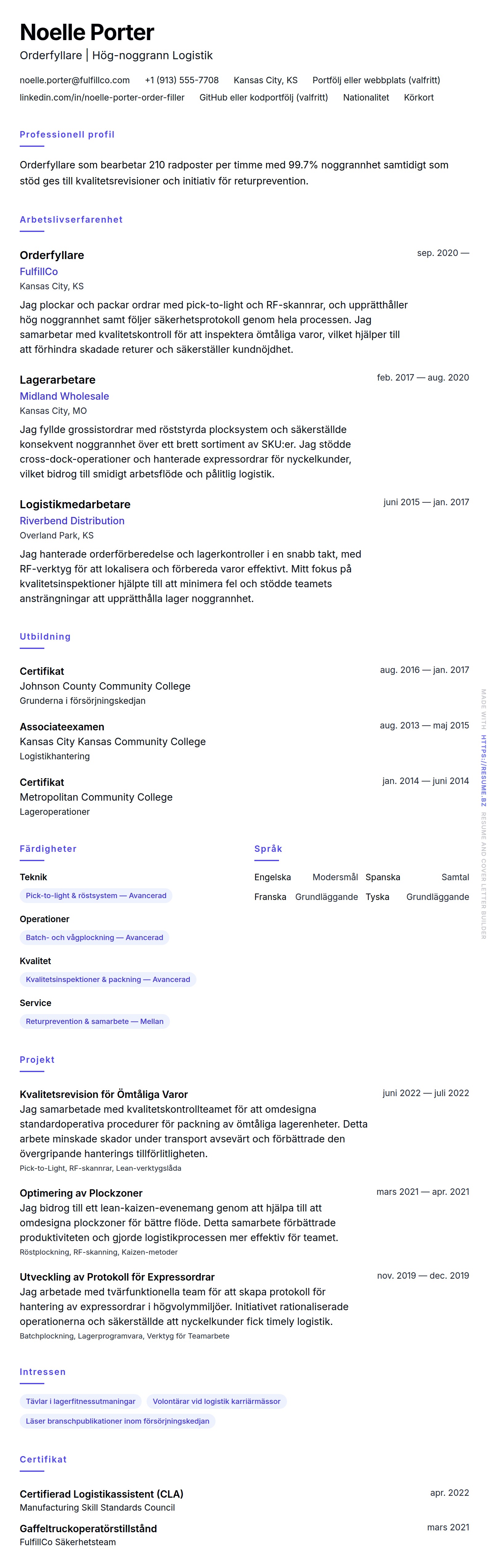 CV-förhandsgranskning för Exempel på CV för Orderfyllare