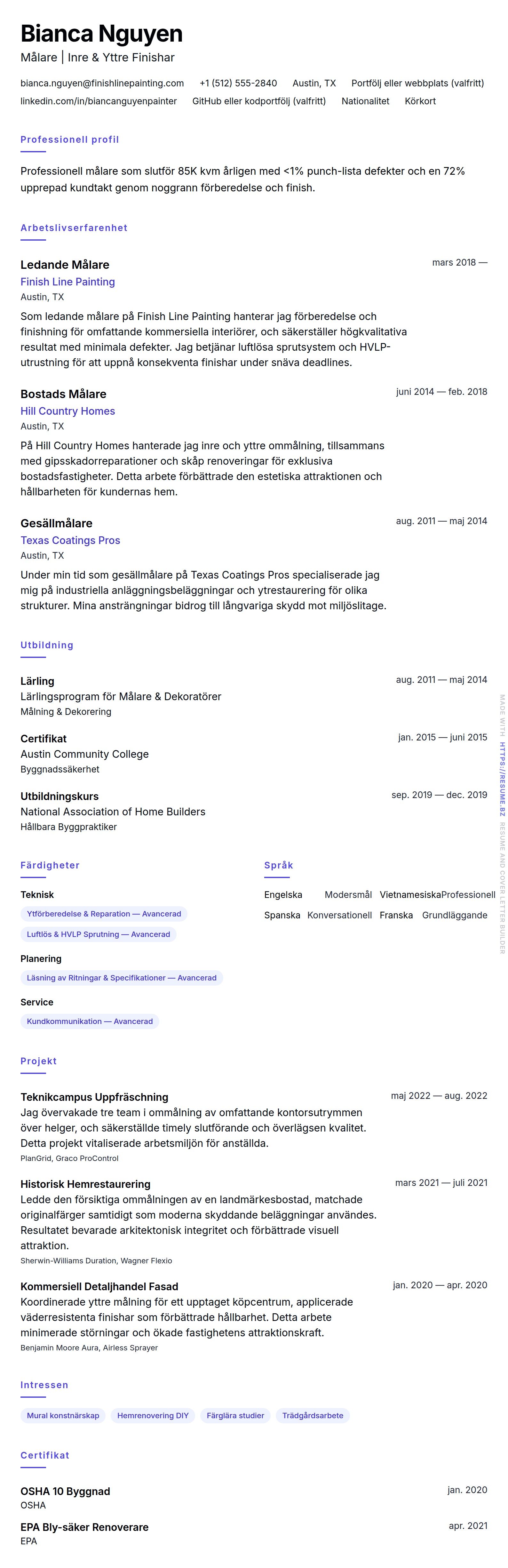 CV-förhandsgranskning för Målare CV-exempel