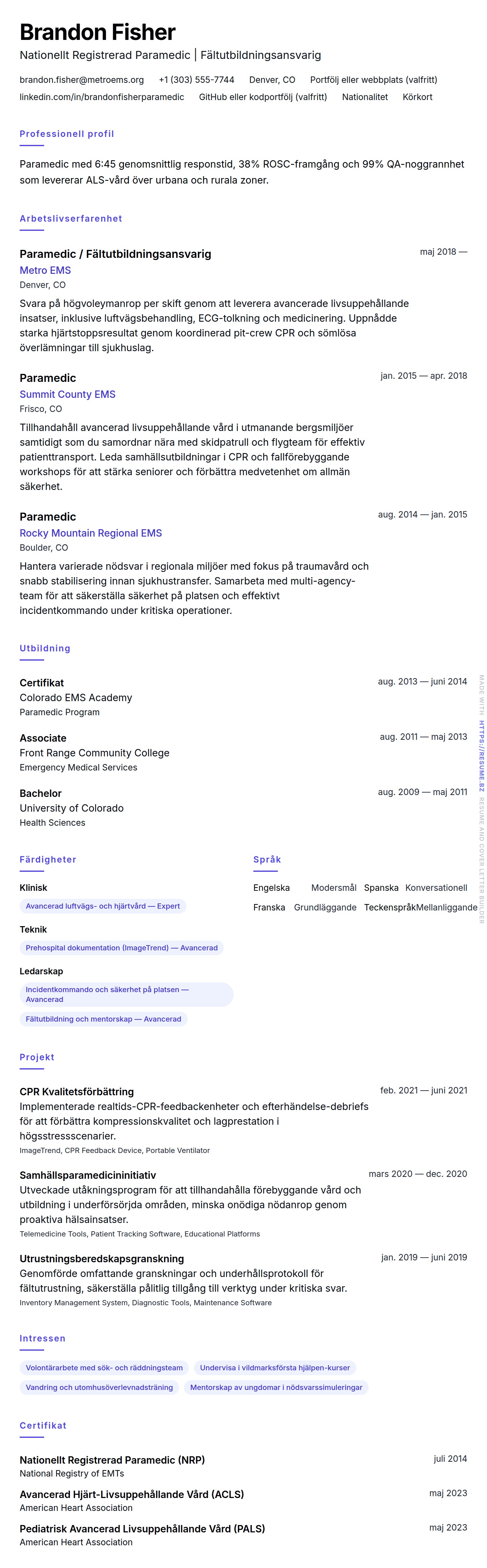 CV-förhandsgranskning för Exempel på paramedic-CV