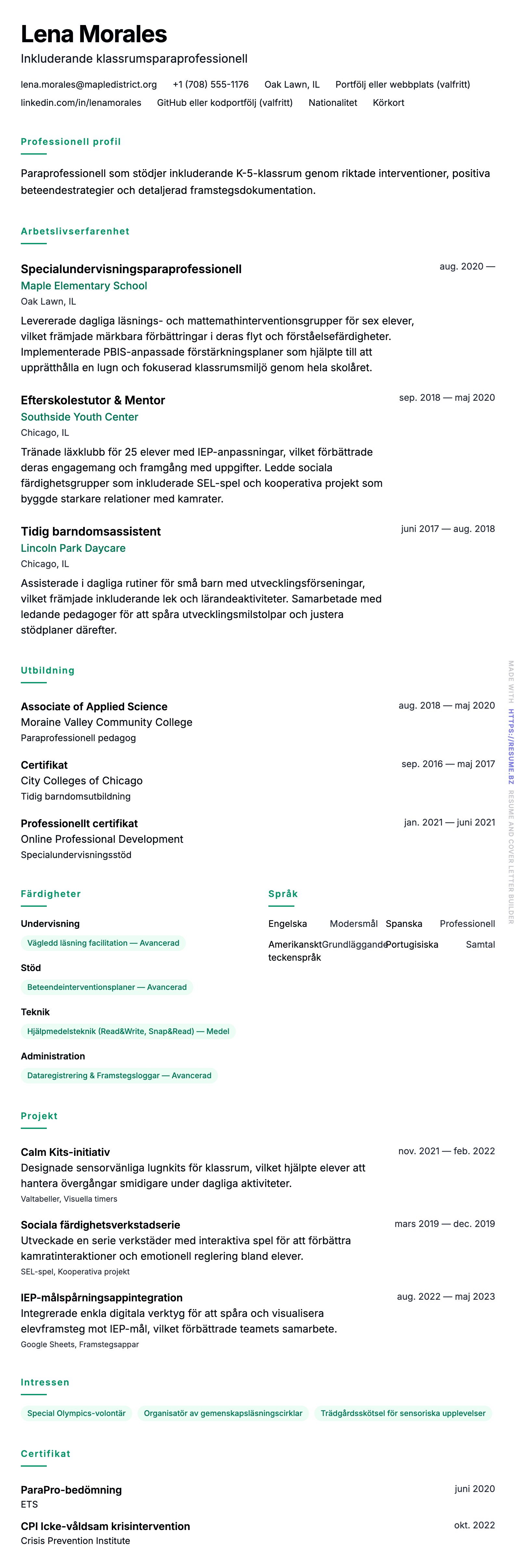 CV-förhandsgranskning för Paraprofessionell CV-exempel