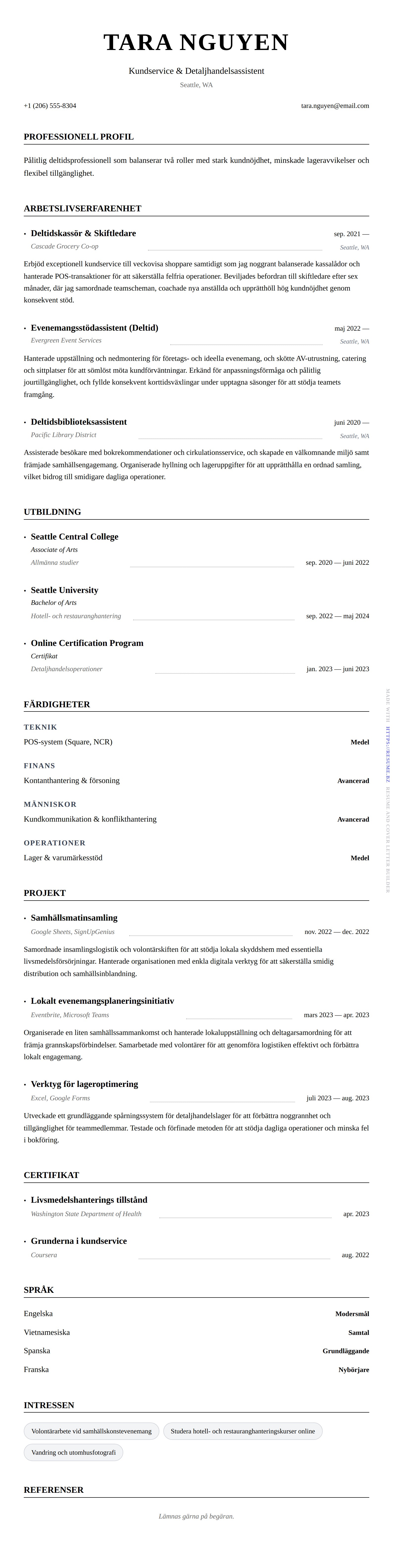 CV-förhandsgranskning för Exempel på CV för deltidsjobb