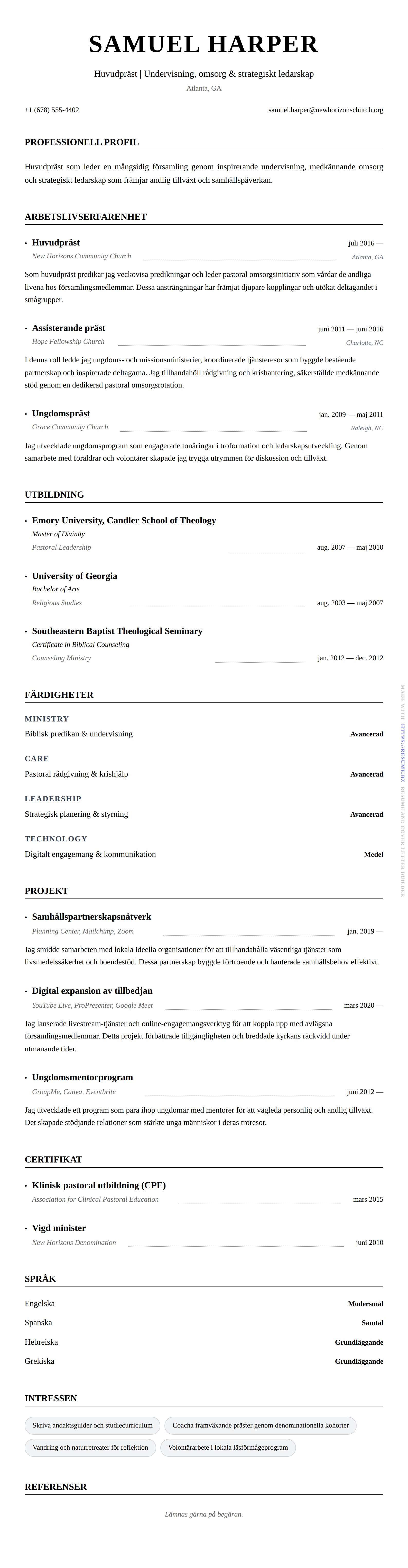 CV-förhandsgranskning för Präst CV-exempel