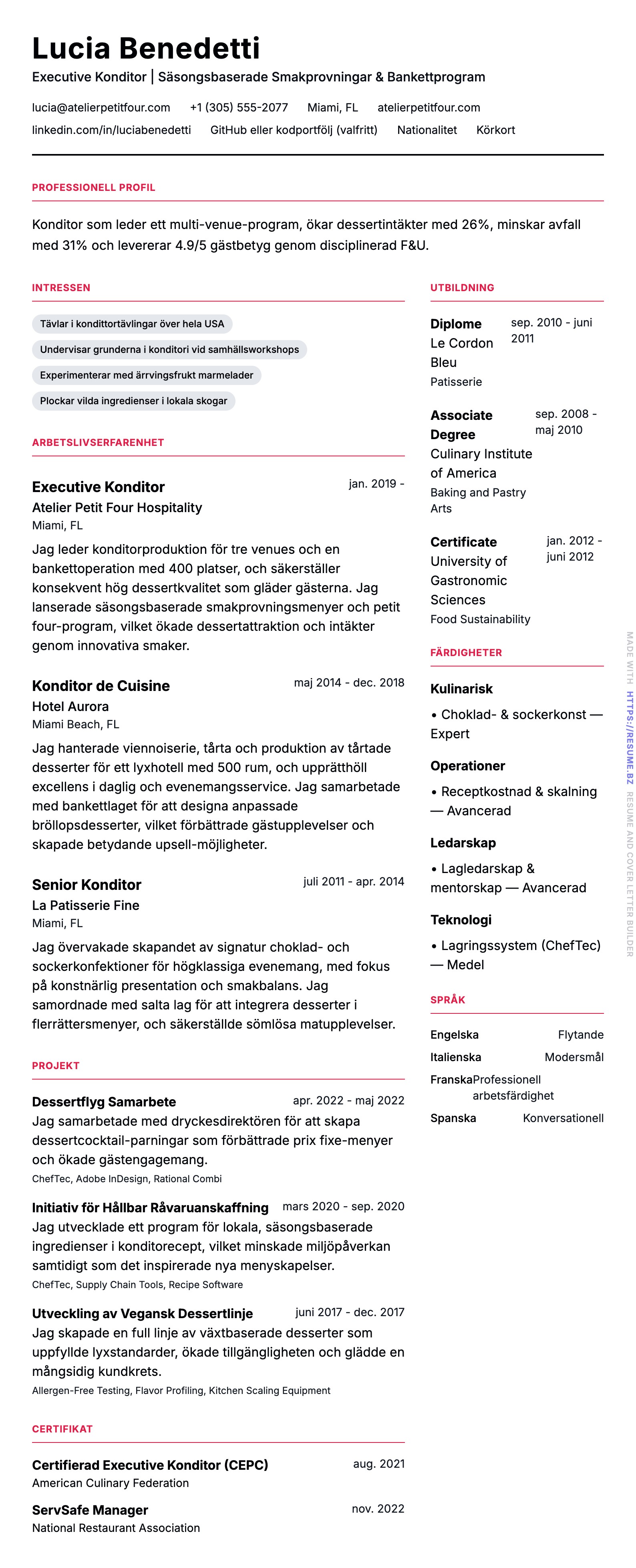 CV-förhandsgranskning för Konditorexempel för CV