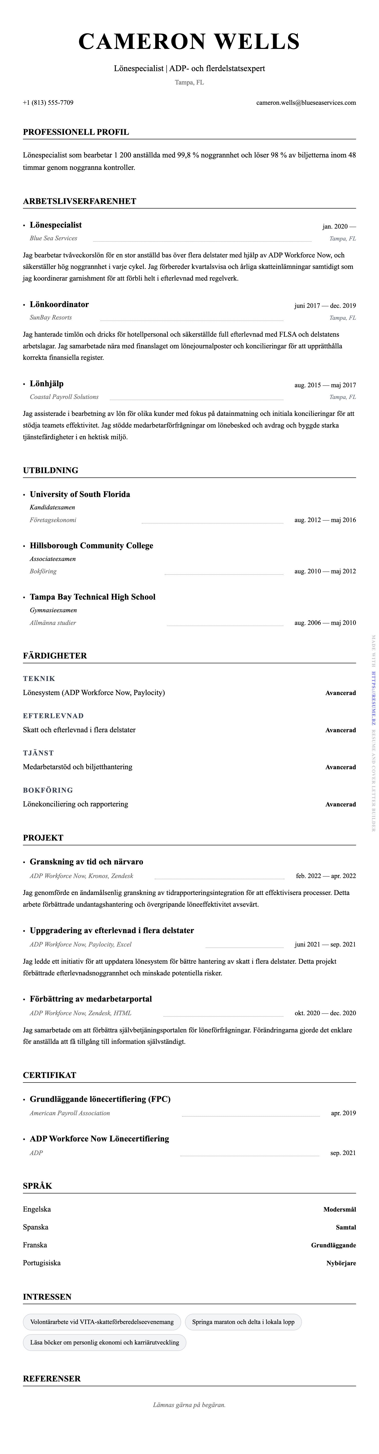 CV-förhandsgranskning för Exempel på CV för lönespecialist