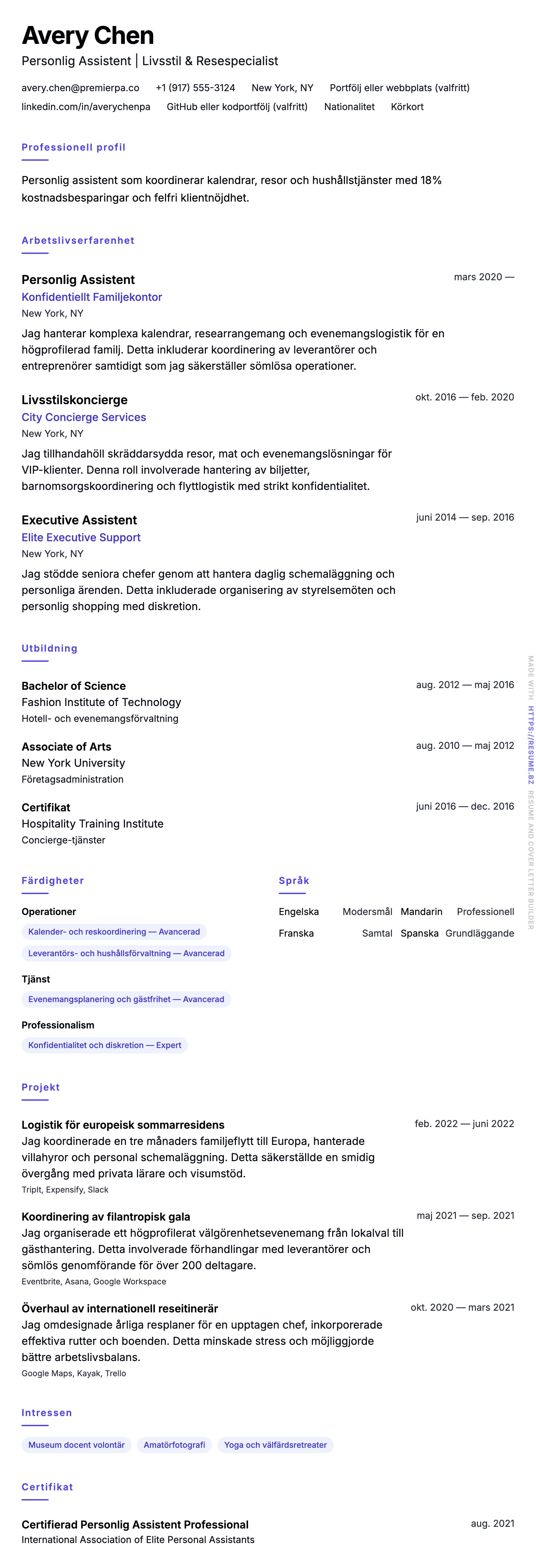 CV-förhandsgranskning för Exempel på CV för Personlig Assistent