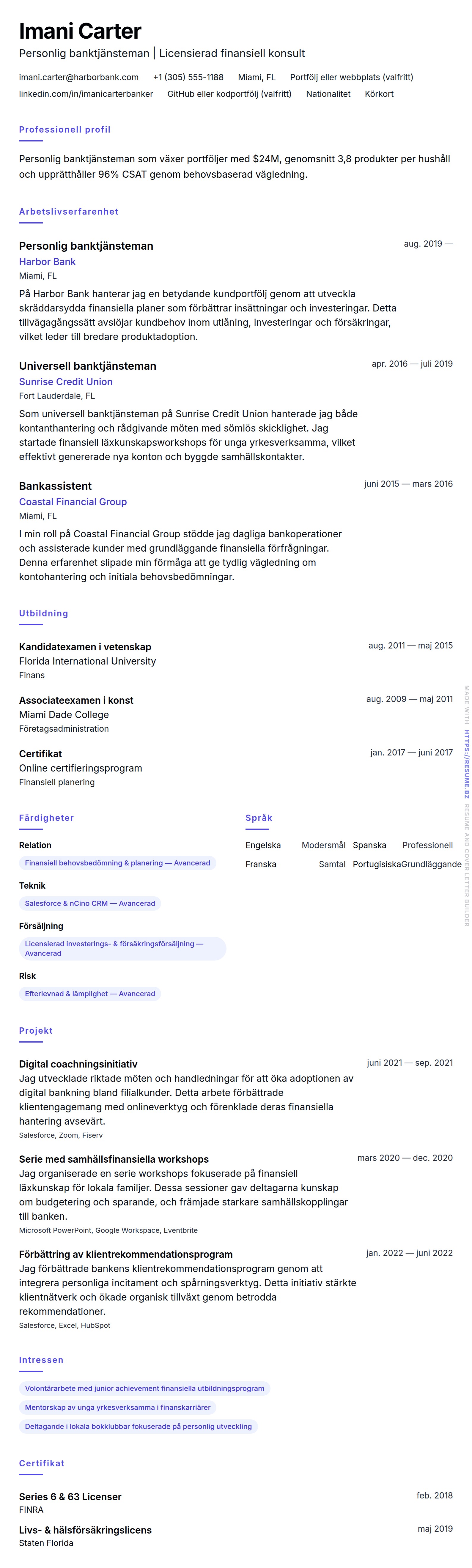 CV-förhandsgranskning för Exempel på CV för personlig banktjänsteman