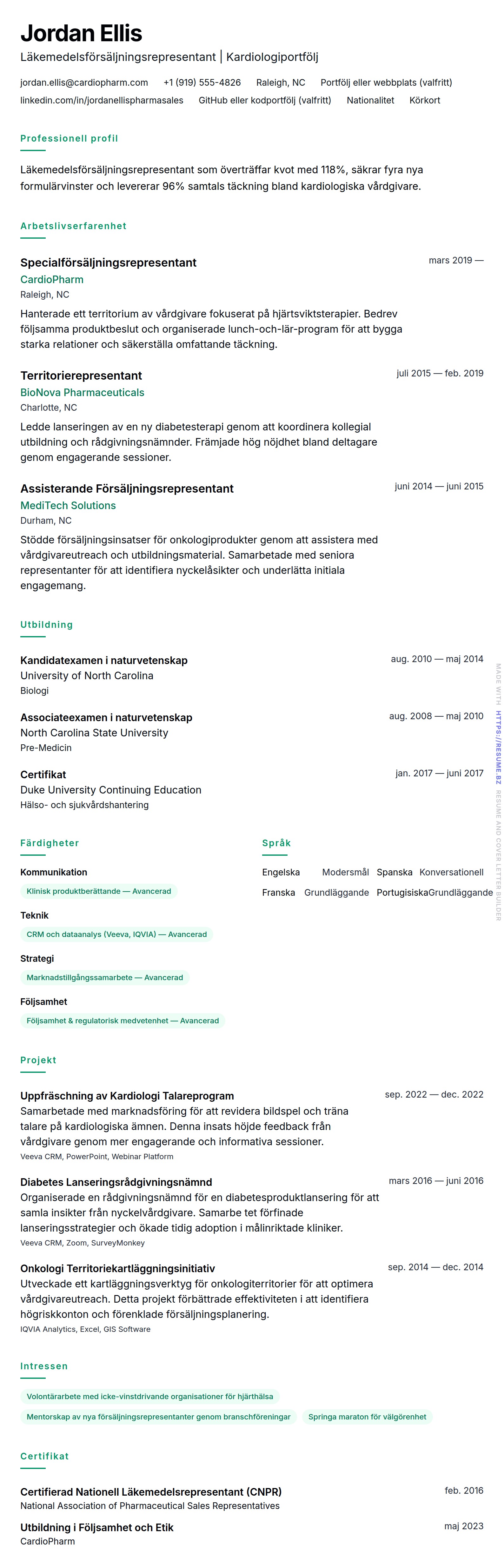 CV-förhandsgranskning för Exempel på CV för Läkemedelsförsäljningsrepresentant