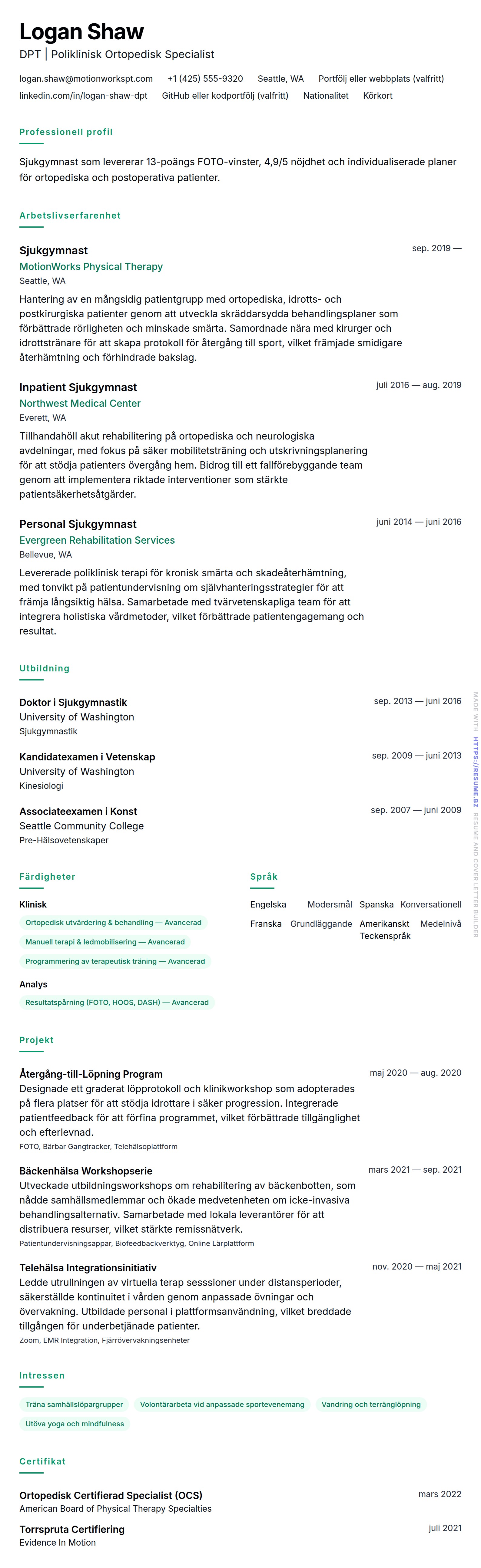 CV-förhandsgranskning för Sjukgymnast CV-exempel