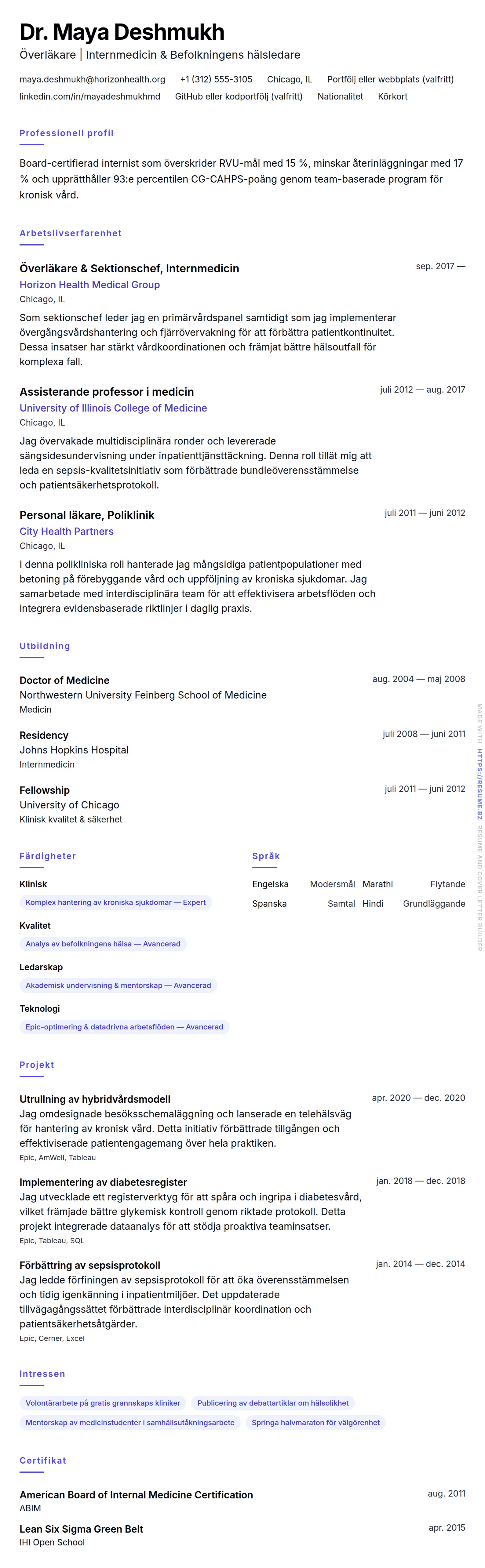CV-förhandsgranskning för Exempel på CV för läkare
