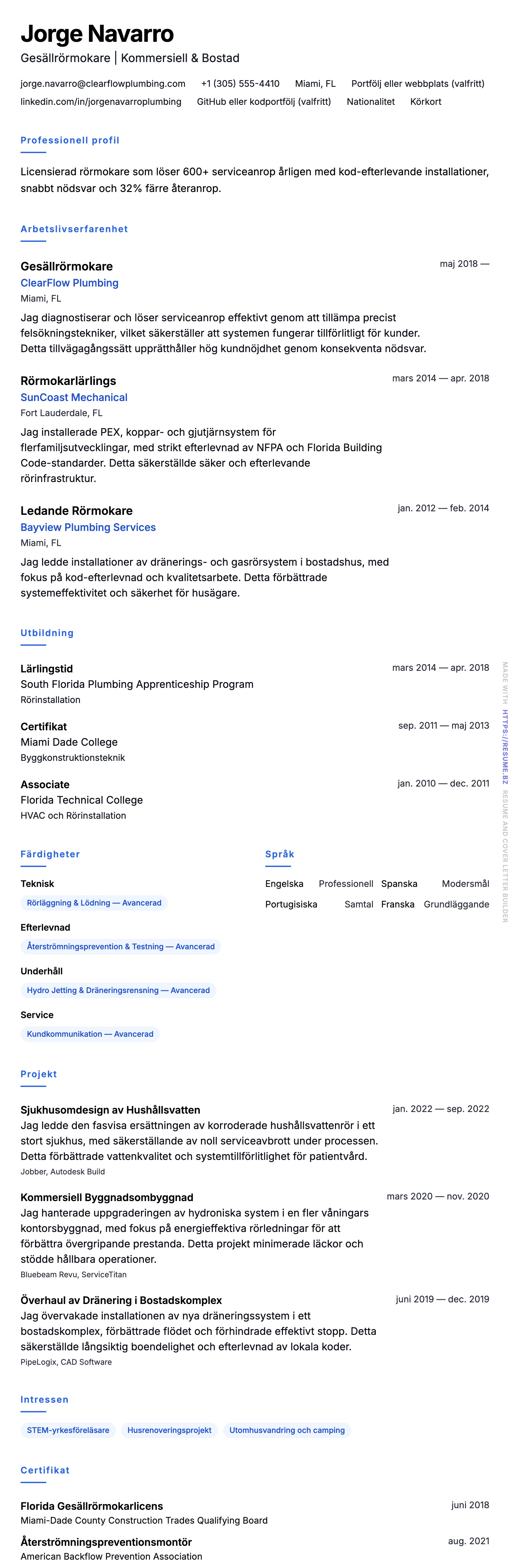 CV-förhandsgranskning för Exempel på Rörmokar-CV
