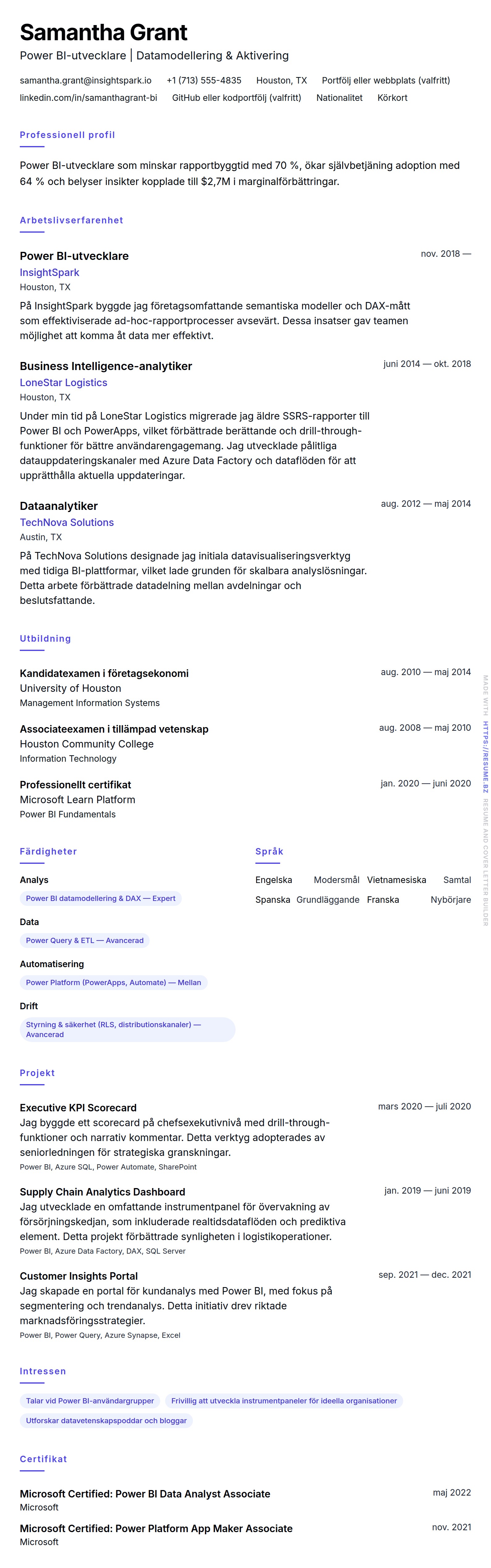 CV-förhandsgranskning för Exempel på CV för Power BI-utvecklare