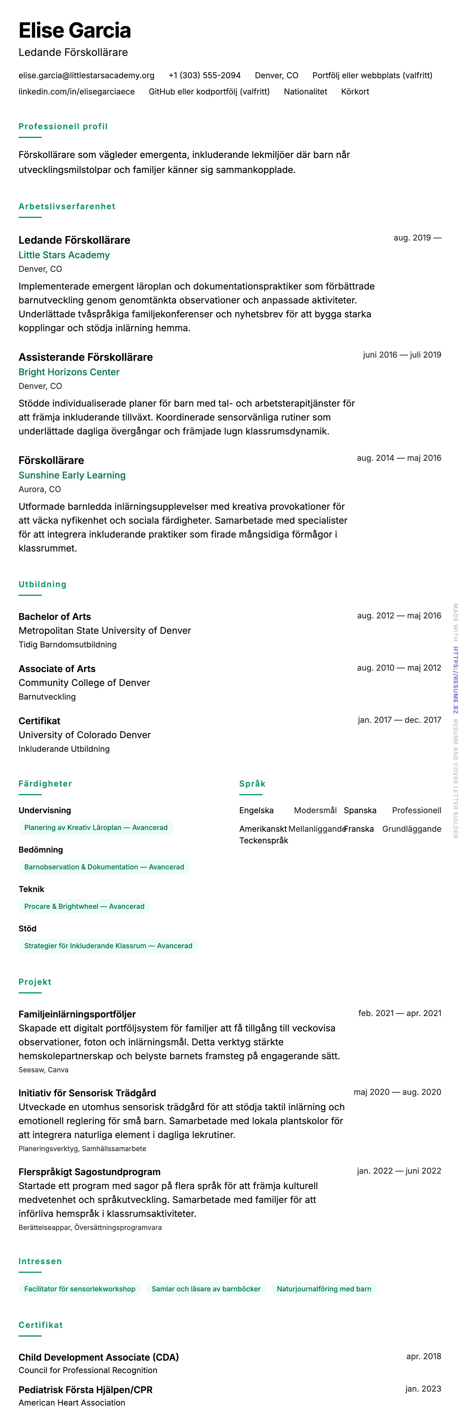 CV-förhandsgranskning för Exempel på CV för förskollärare