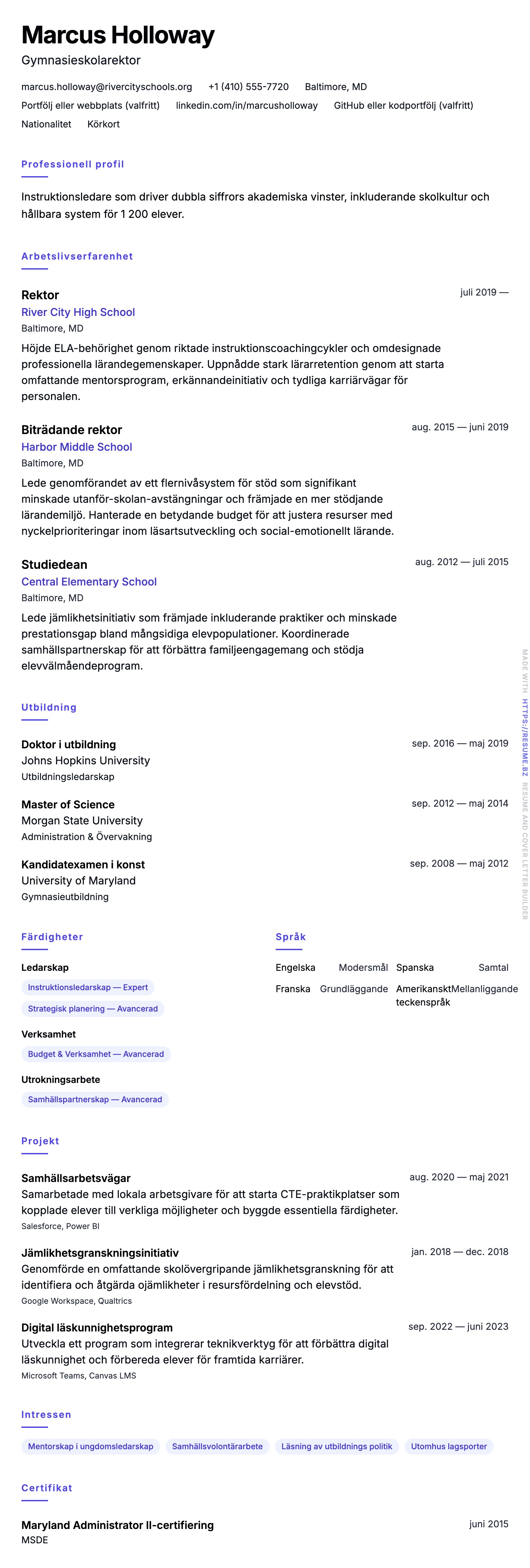 CV-förhandsgranskning för Rektor CV-exempel