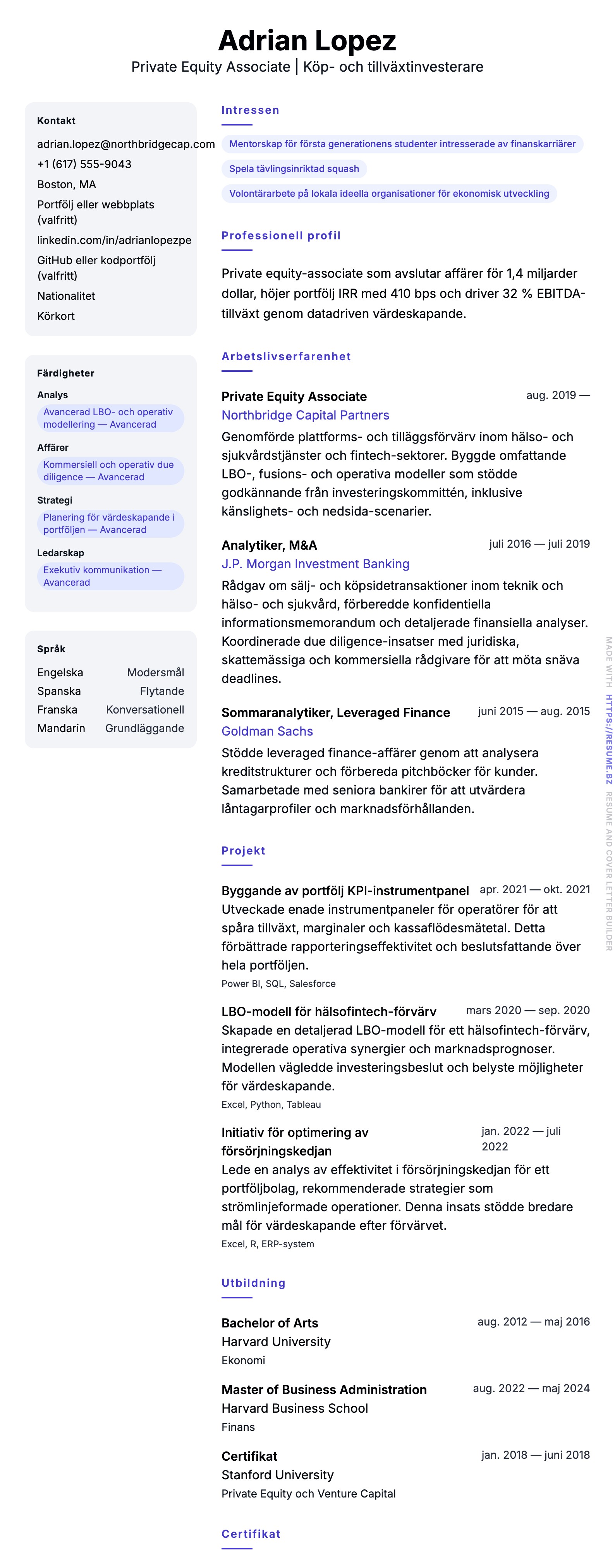 CV-förhandsgranskning för Exempel på CV för Private Equity Associate