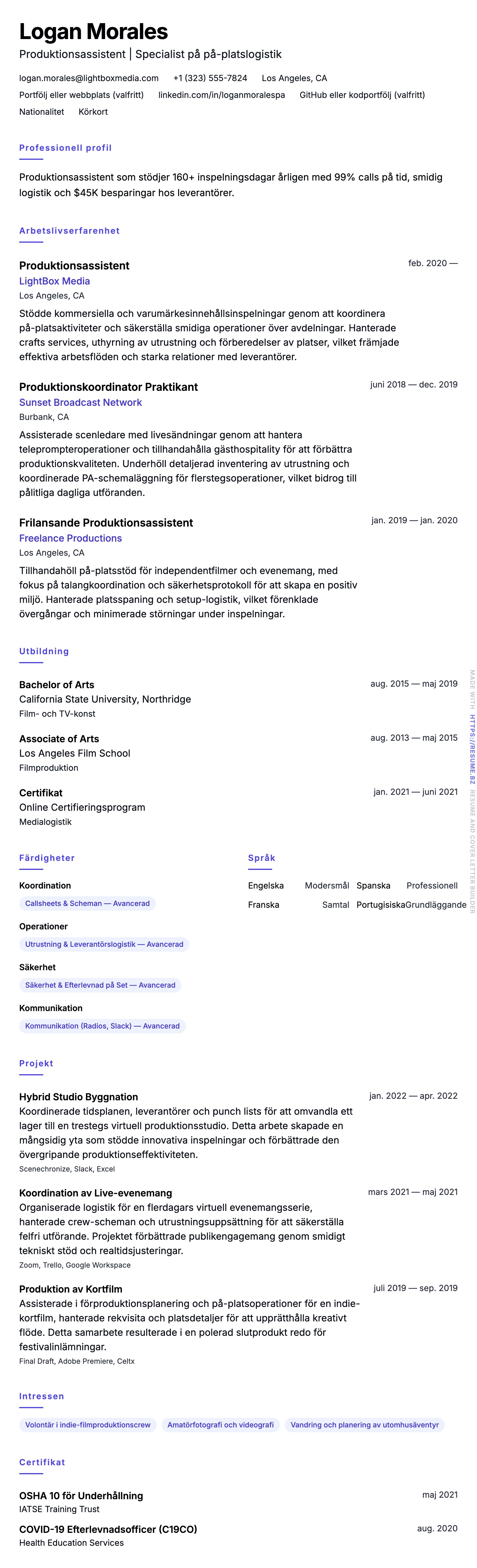 CV-förhandsgranskning för Produktionsassistent CV-exempel