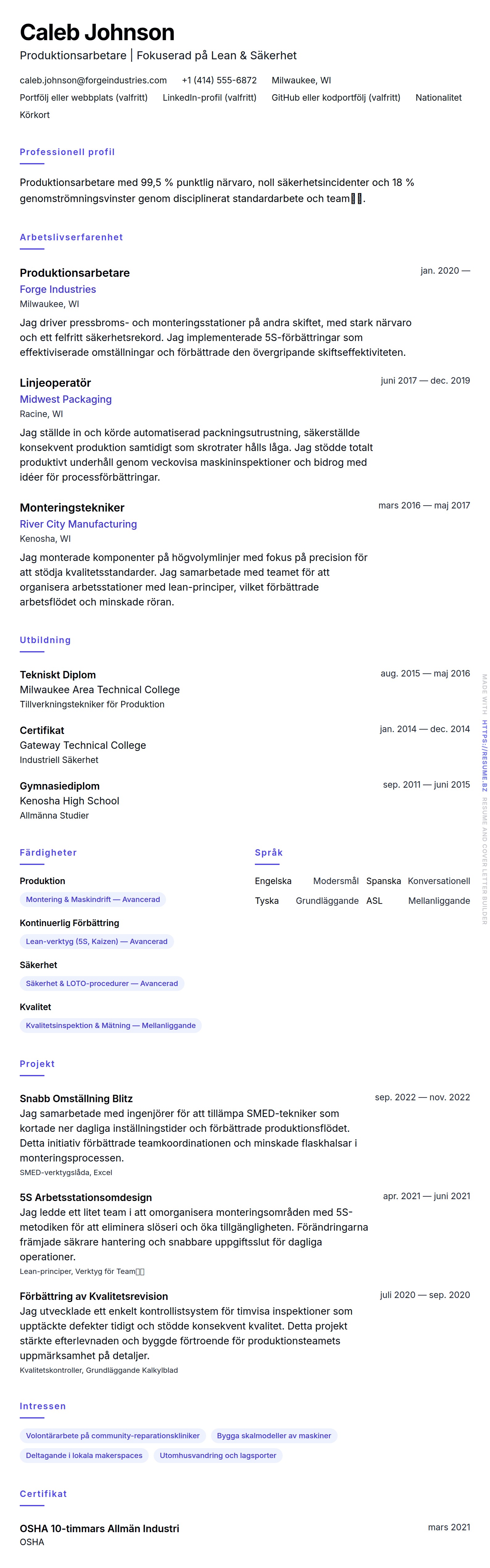 CV-förhandsgranskning för Exempel på CV för Produktionsarbetare
