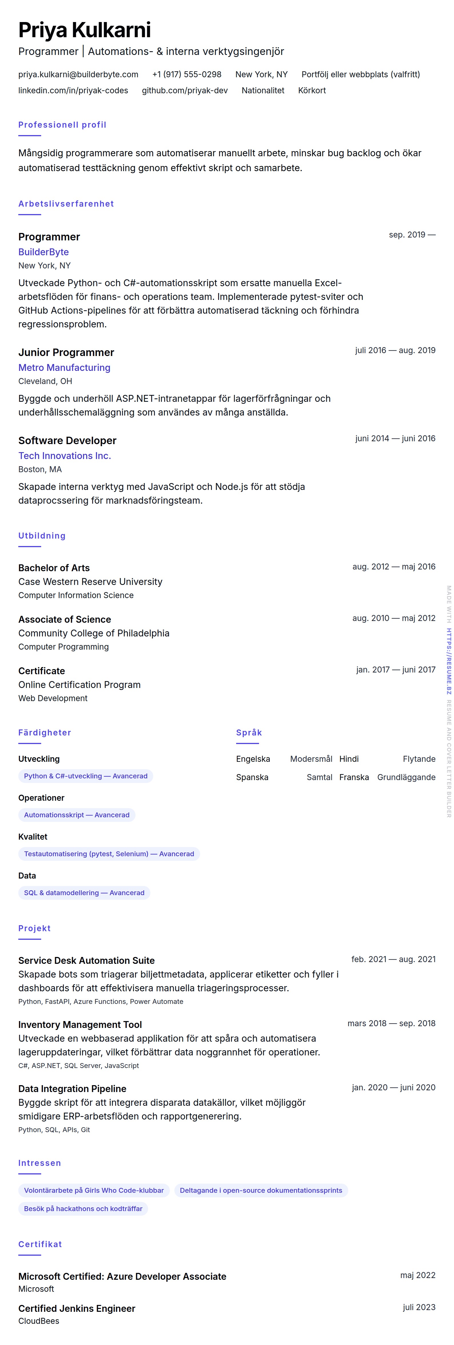 CV-förhandsgranskning för Programmer CV-exempel