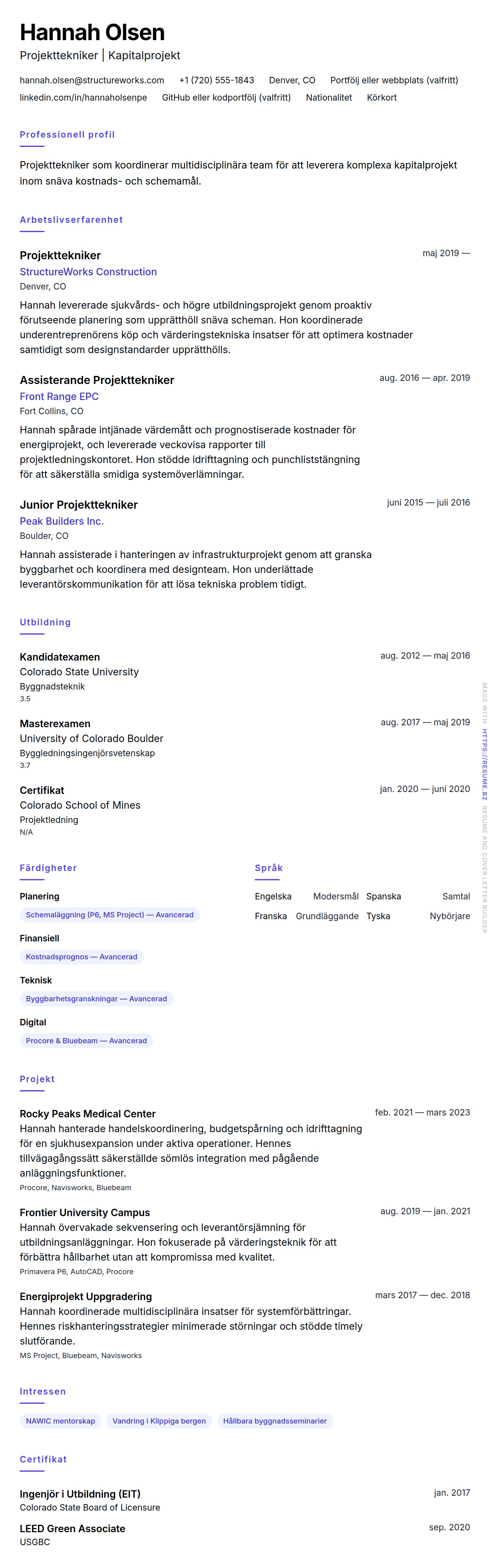 CV-förhandsgranskning för Exempel på CV för Projekttekniker