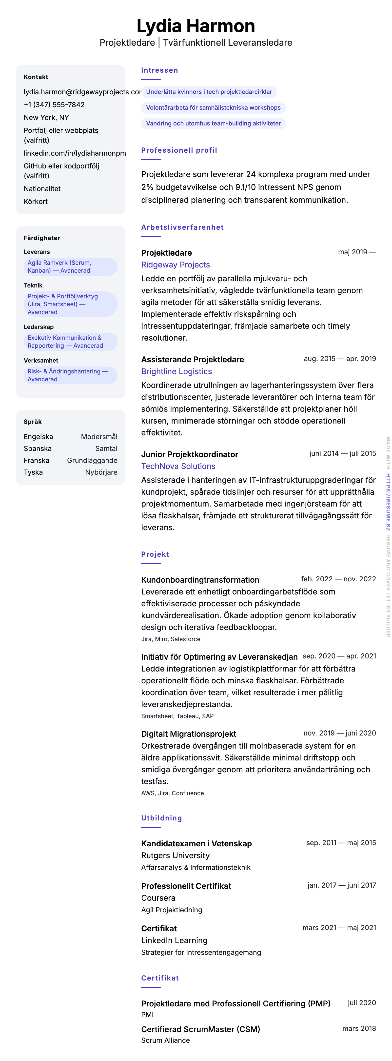 CV-förhandsgranskning för Exempel på CV för Projektledare