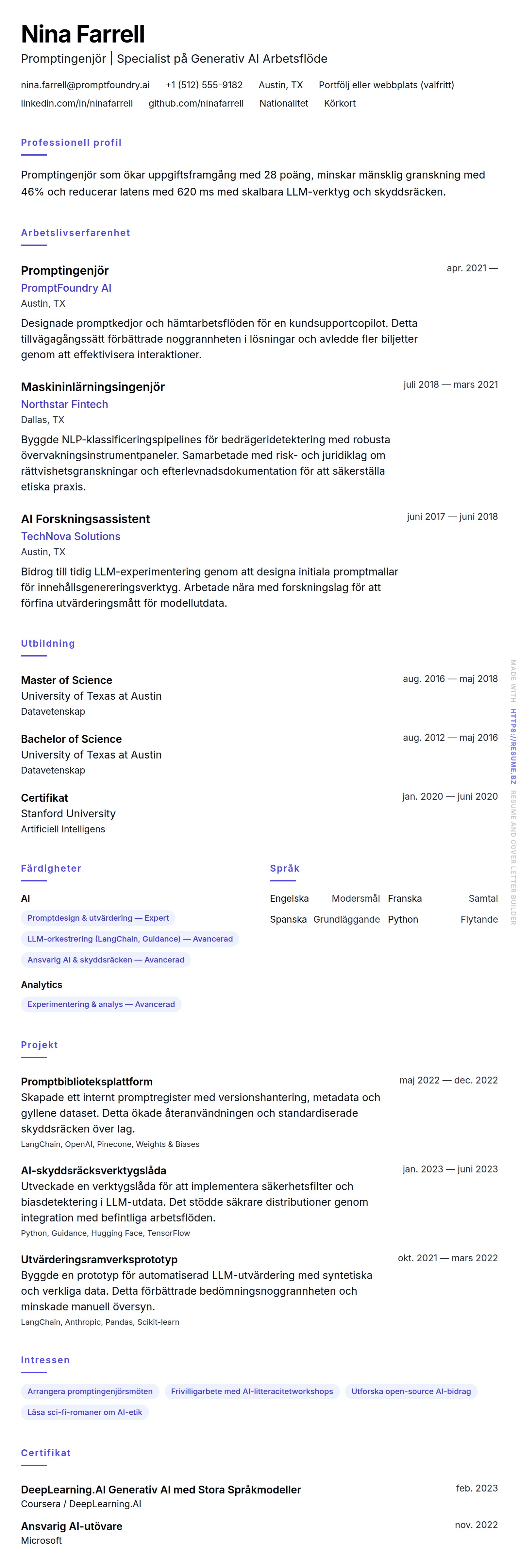 CV-förhandsgranskning för Exempel på CV för Promptingenjör